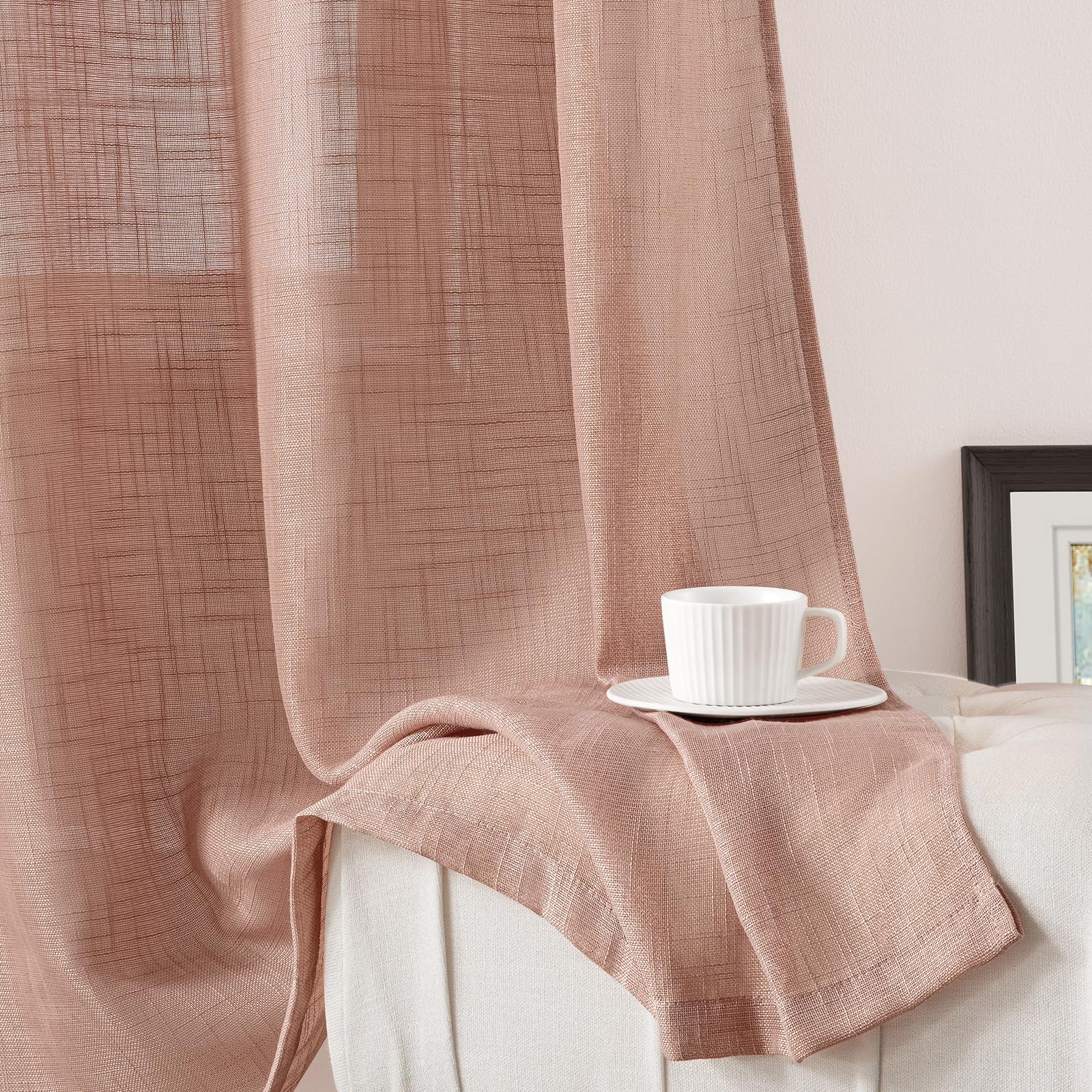 Homeideas Blush Pink Linen Sheer Curtains 63 Inches Long 2 Panels Textured Dusty Blush Semi Sheer Curtains Farmhouse Curtains Sh