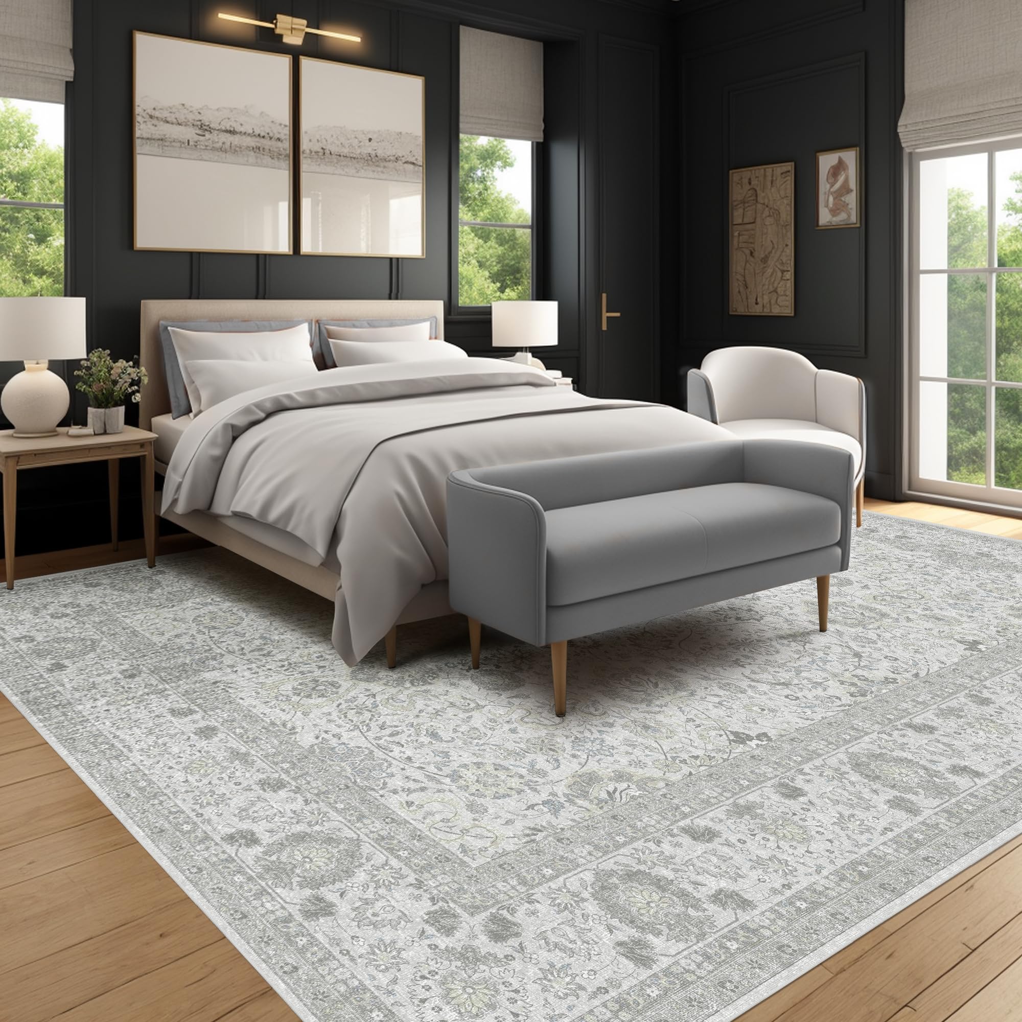 Neutral Area Rugs 8x10 for Living Room Vintage Rug Boho Floral Modern Washable Area Rug with Non-Slip Backing Large Carpet for B
