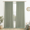 Sage Green Blackout Linen Curtains 102 Inches Long for Living Room Bedroom, Pleated Window Track Curtain with Pin Hooks Belt Boh