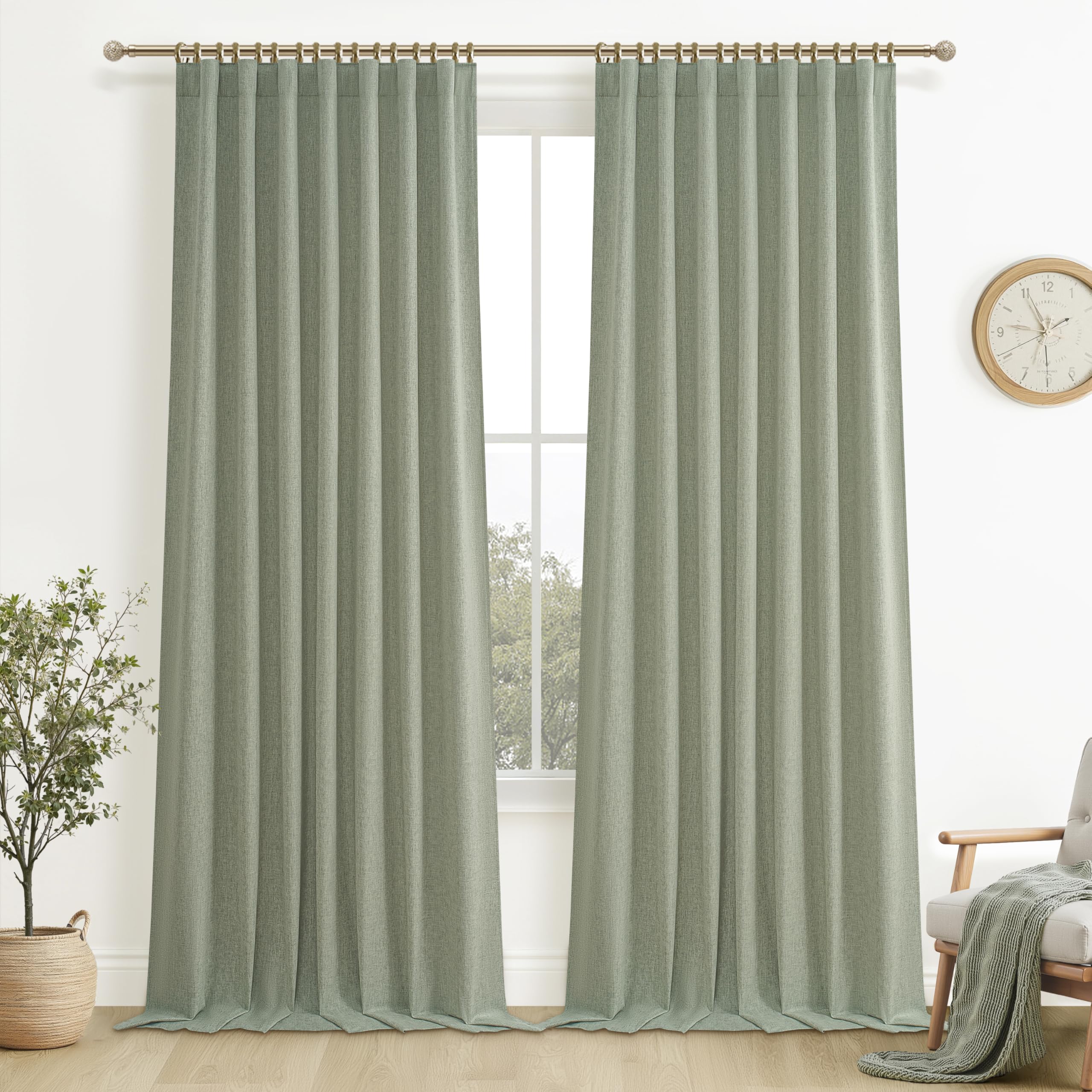 Sage Green Blackout Linen Curtains 102 Inches Long for Living Room Bedroom, Pleated Window Track Curtain with Pin Hooks Belt Boh
