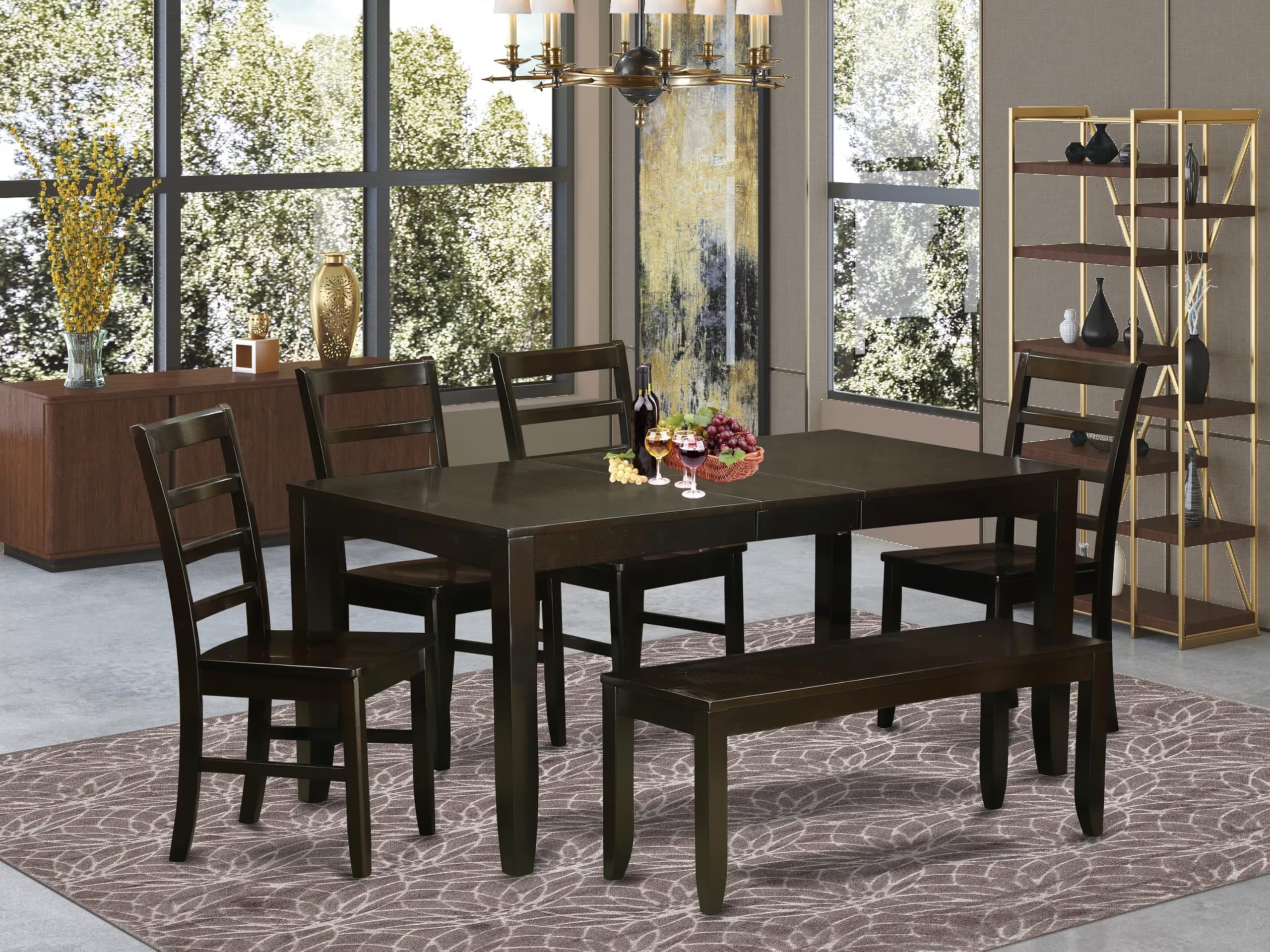 East West Furniture LYPF6-CAP-W Lynfield 6 Piece Modern Set Contains a Rectangle Wooden Table with Butterfly Leaf and 4 Dining Room Chairs with a Bench, 36x66 Inch