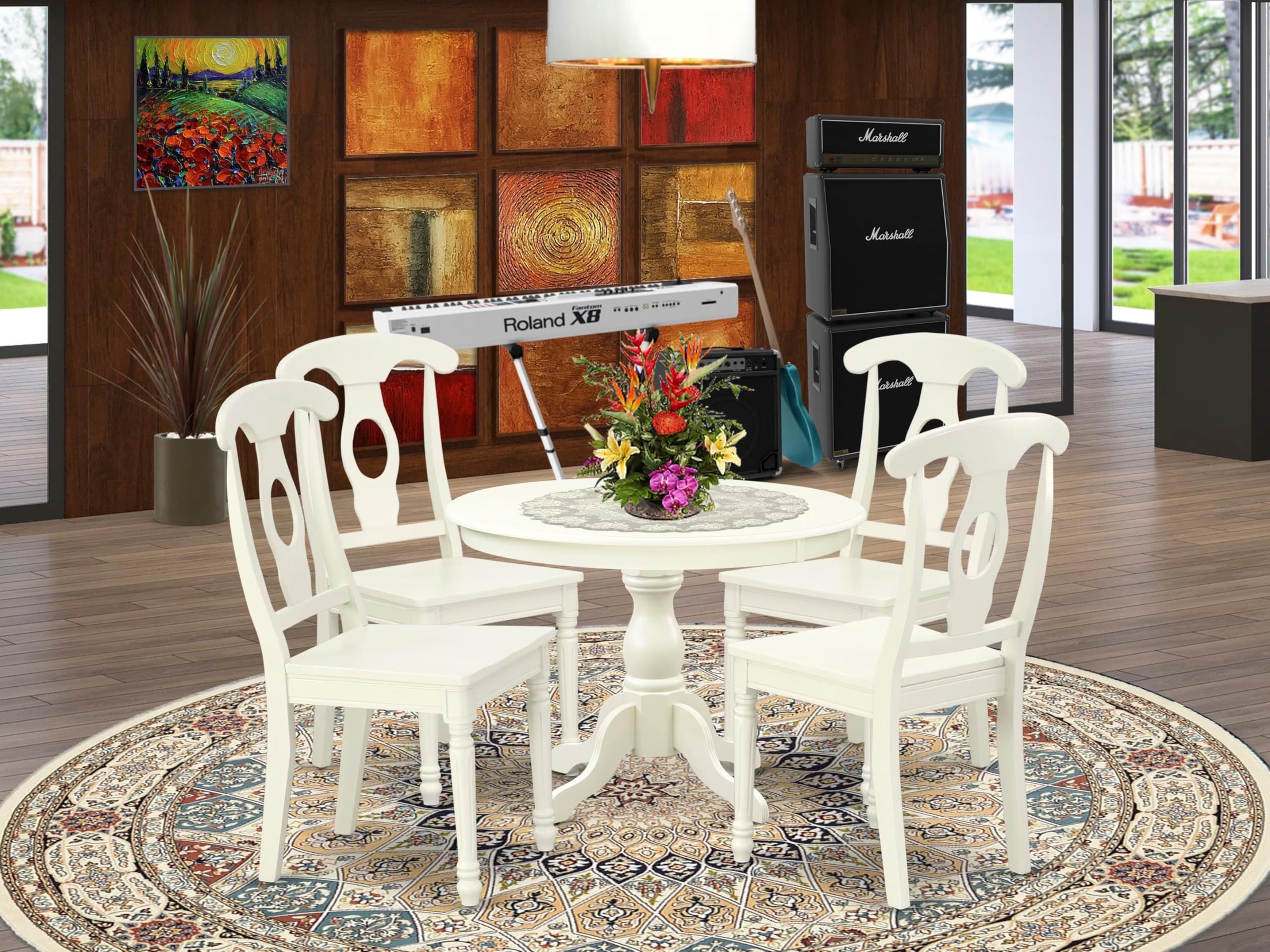 East West Furniture HBKE5-LWH-W 5 Piece Dining Room Table Set Includes a Round Kitchen Table with Pedestal and 4 Dining Chairs, 42x42 Inch, Linen White