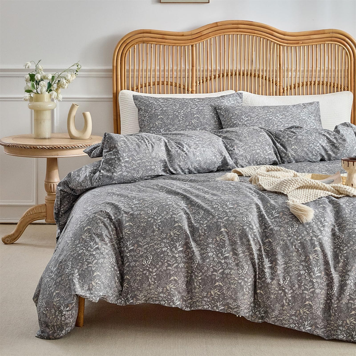 Mixinni 3 Pieces Duvet Covers King Size, 100% Cotton Comforter Cover Wildflower Printed On Grey Floral Bedding Set With Zipper C