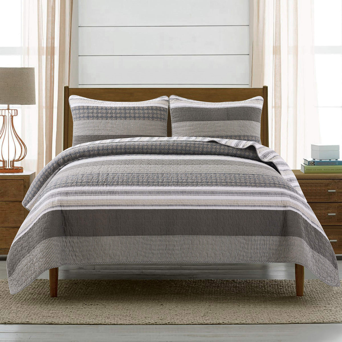 Soul & Lane Madrona 2-Piece Pieced Cotton Quilt Set - Twin Size With 1 Sham, Modern Masculine Quilted Bedspread In Brown And Gra
