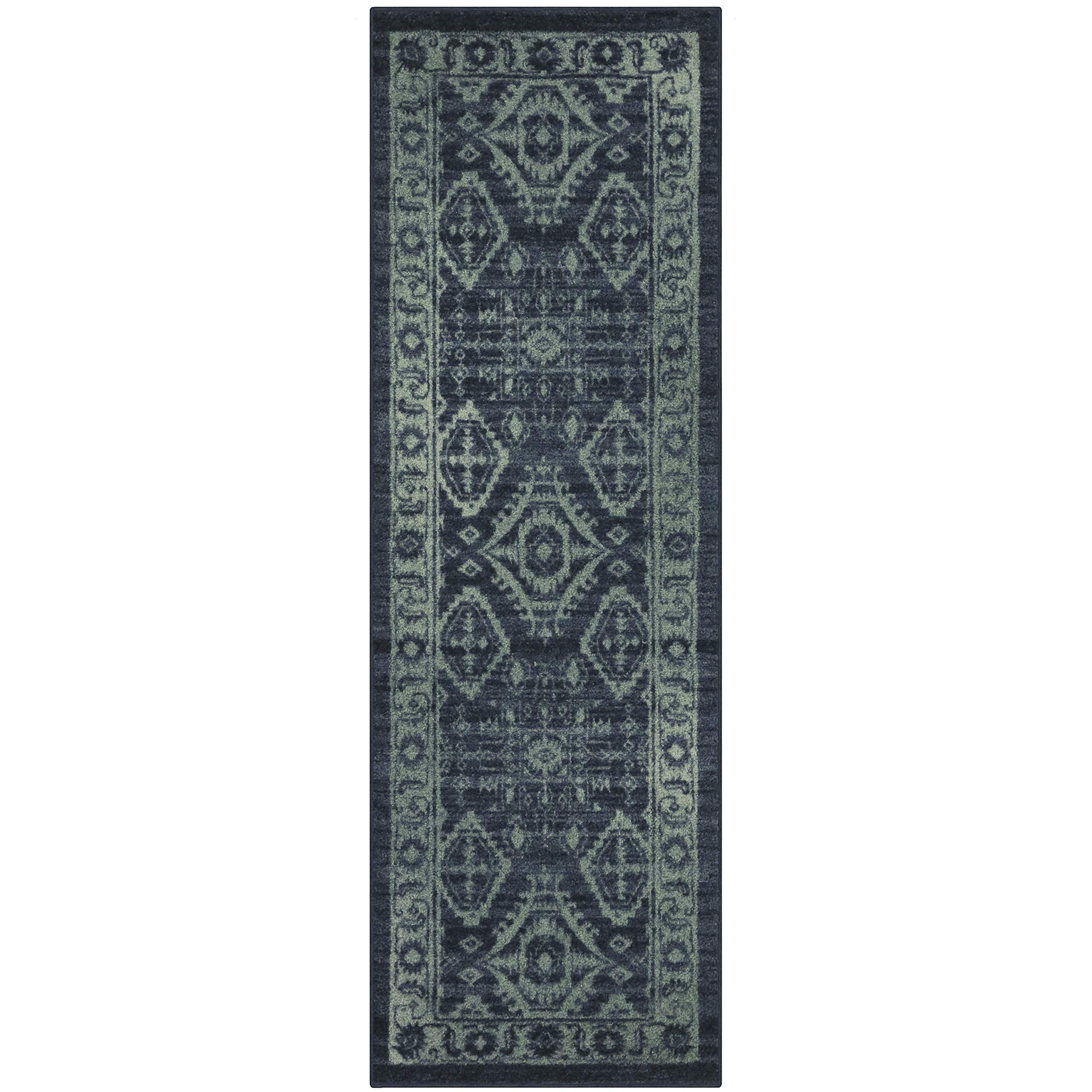 Maples Rugs Georgina Traditional Runner Rug Non Slip Washable Hallway Entry Carpet [Made in USA], 2 x 6, Navy Blue/Green