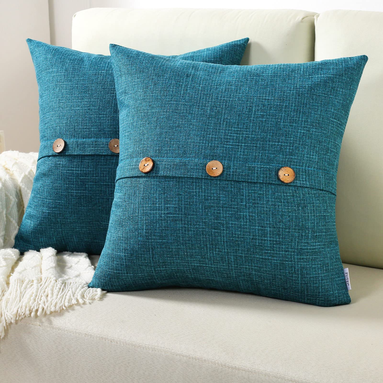 Futei Teal Linen Decorative Throw Pillow Covers 26X26 Inch Set Of 2, Square Euro Shams Cushion Case With Vintage Button/Zipper,M
