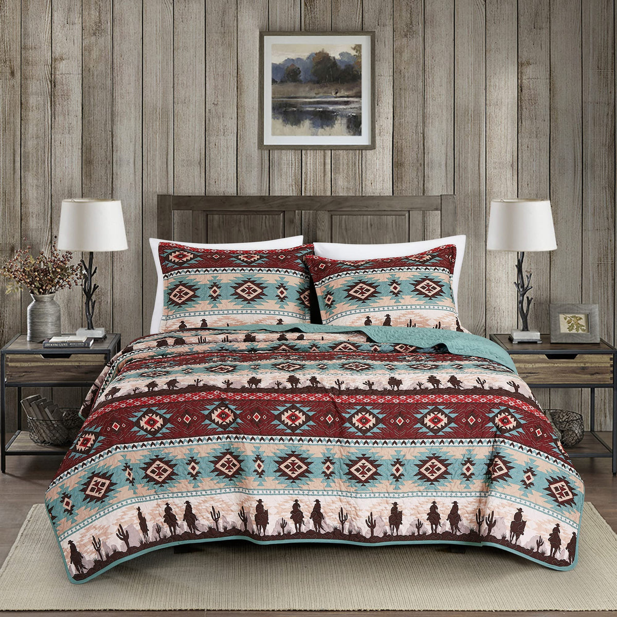 Chezmoi Collection Dune 2-Piece Southwestern Cowboys Aztec Quilt Set - Multicolor Teal Brown Beige Tan Red Printed Microfiber Be