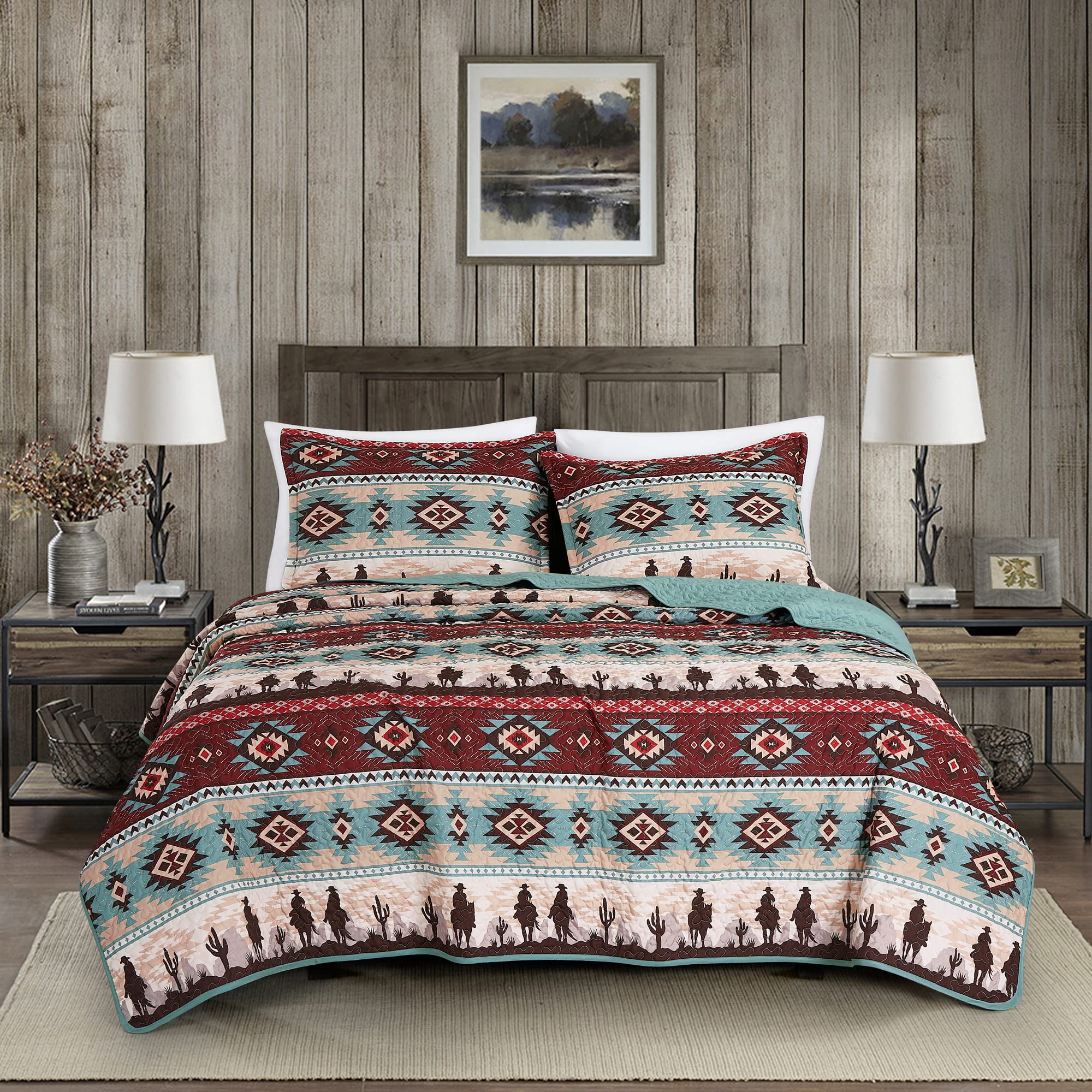Chezmoi Collection Dune 2-Piece Southwestern Cowboys Aztec Quilt Set - Multicolor Teal Brown Beige Tan Red Printed Microfiber Be