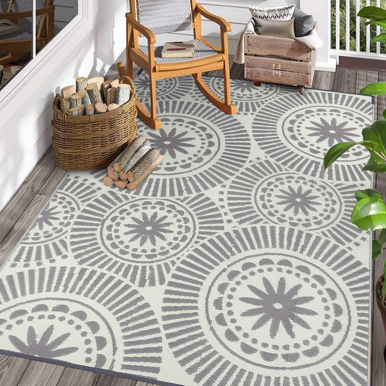 Outdoor Rug 6' X 9'Modern Geometric Style Reversible Plastic Straw Mat, Rv Camping Waterproof Area Rugs Non Shedding Portable In