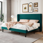 Sha Cerlin King Size Velvet Bed Frame With Vertical Channel Tufted Wingback Headboard, Upholstered Platform Bed With Wood Slats, No Box Spring Needed, Easy Assembly, Teal