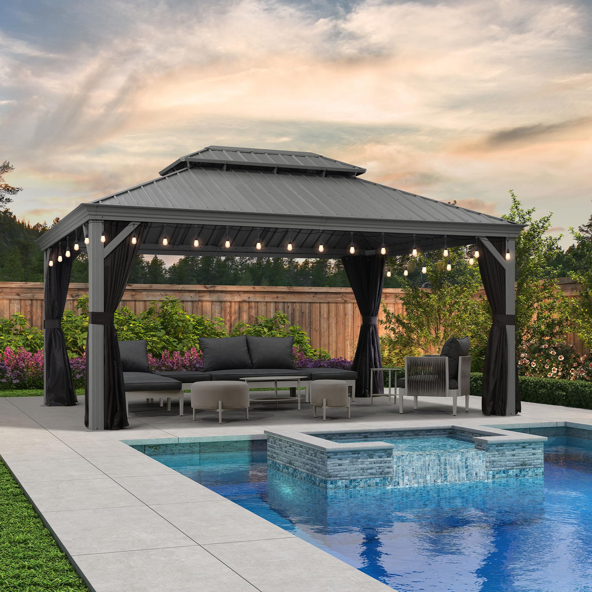 Purple Leaf 12' X 16' Hardtop Aluminum Gazebo With Double Metal Roof And String Lights Heavy Duty Permanent Gazebo For Patio Dec
