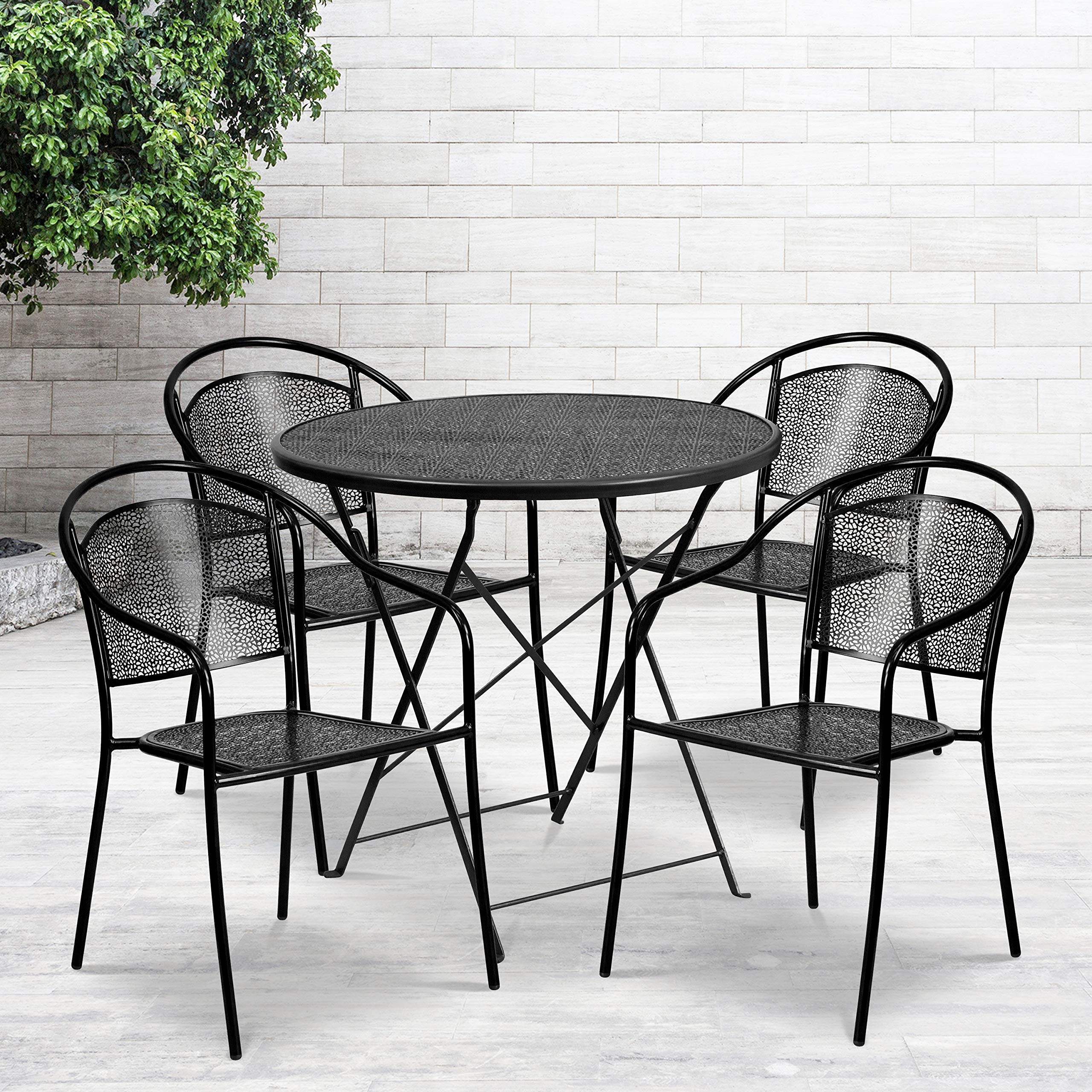 Flash Furniture Commercial Grade 30' Round Black Indoor-Outdoor Steel Folding Patio Table Set With 4 Round Back Chairs