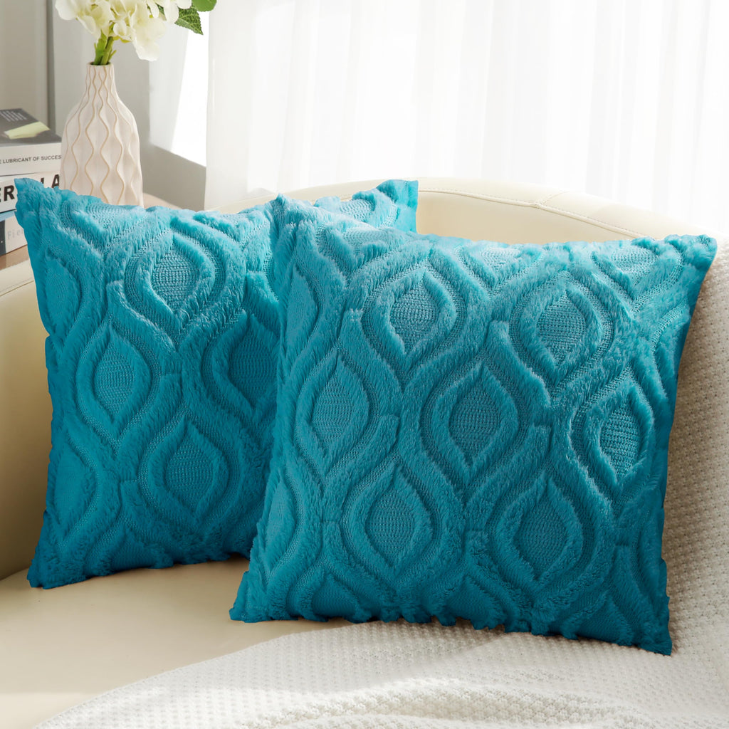 Decoruhome Decorative Throw Pillow Covers 20X20, Soft Plush Faux Wool Couch Pillow Covers For Home, Set Of 2, Teal
