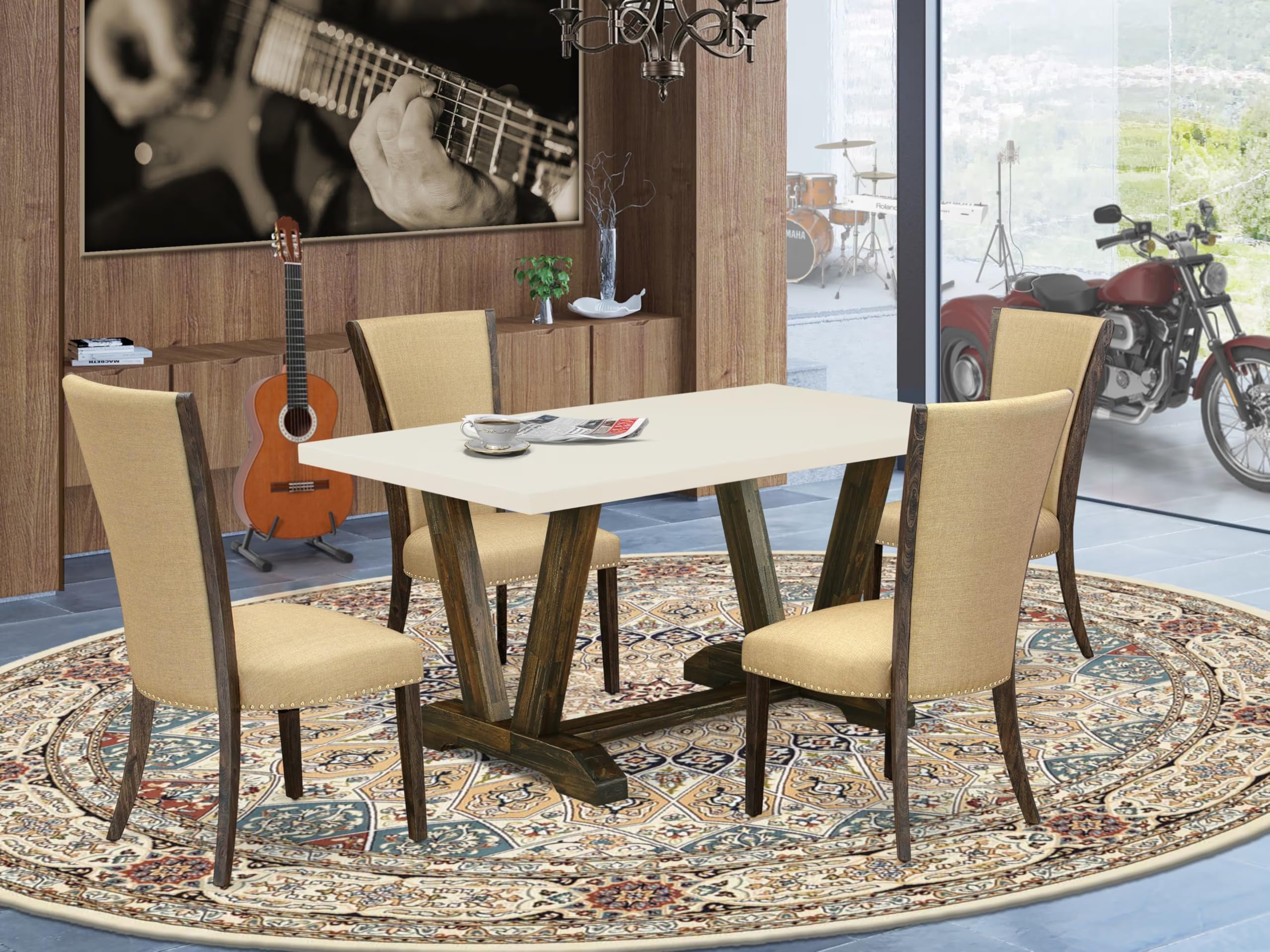 East West Furniture V726Ve703-5 5 Piece Dining Room Table Set Includes A Rectangle Dining Table With V-Legs And 4 Brown Linen Fabric Upholstered Parson Chairs, 36X60 Inch, Multi-Color