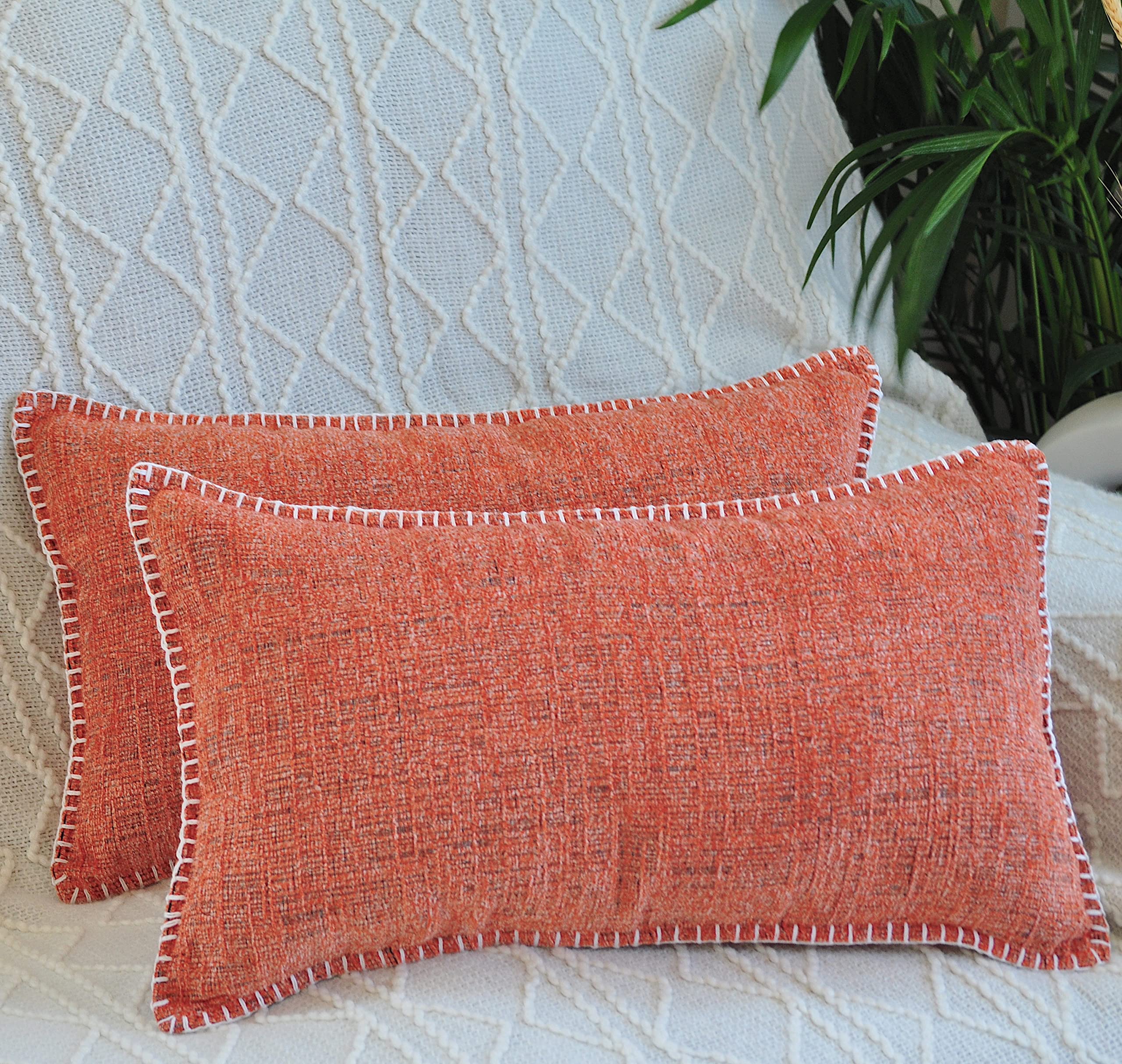 Lumbar Pillow Covers With Stitched Edge 12X20 Inch Orange Set Of 2 / Soft Textured Chenille Oblong Rectangular Cushion Covers/Mo