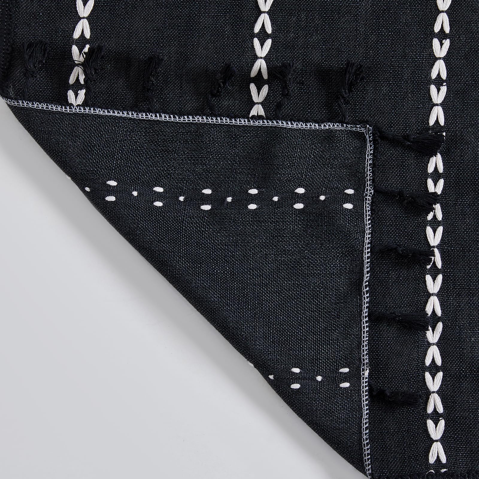 Roomtalks Black Boho Kitchen Valances For Windows, 18’’L X 52’’W Gothic Moody Striped Farmhouse Vintage Country Cottage Textured Tassel Curtain Valances For Bathroom Living Room