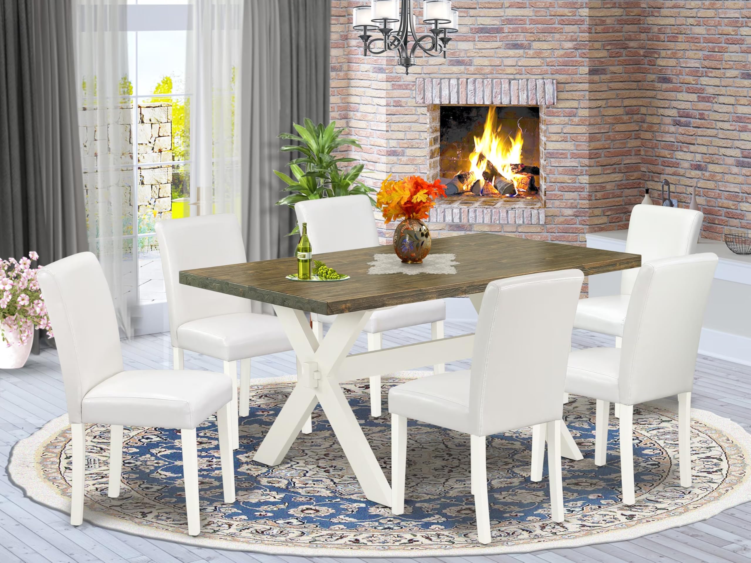 East West Furniture X076Ab264-7 7 Piece Dining Room Table Set Consist Of A Rectangle Kitchen Table With X-Legs And 6 White Faux Leather Parson Dining Chairs, 36X60 Inch, Multi-Color