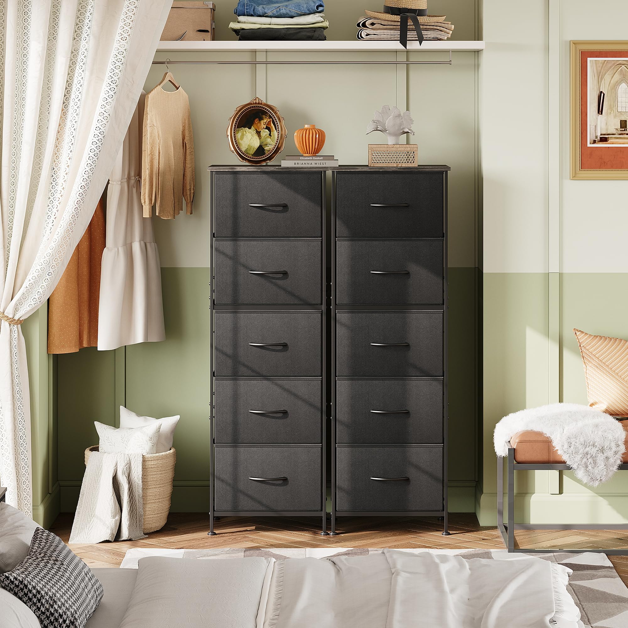 Wlive Fabric Dresser, 5-Drawer Tall Dresser For Bedroom, Storage Dresser Organizer With Fabric Bins, Wood Top, Sturdy Steel Frame, Chest Of Drawers For Closet, Hallway, Charcoal Black