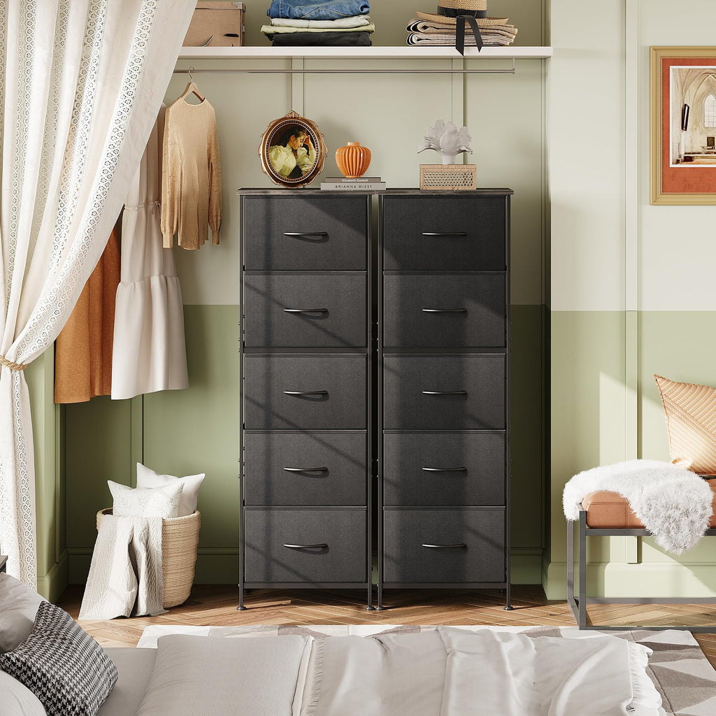 Wlive Fabric Dresser, 5-Drawer Tall Dresser For Bedroom, Storage Dresser Organizer With Fabric Bins, Wood Top, Sturdy Steel Frame, Chest Of Drawers For Closet, Hallway, Charcoal Black
