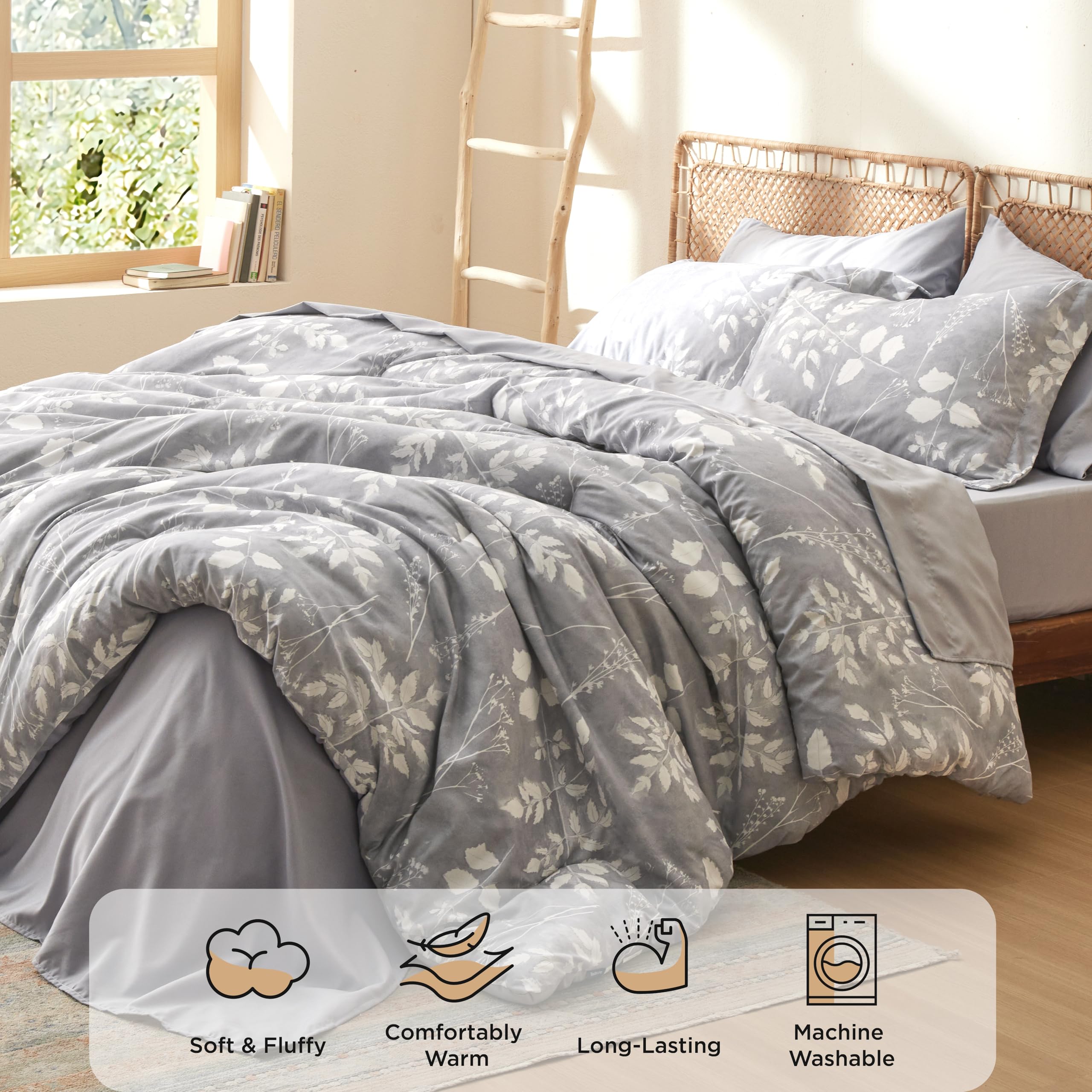 Bedsure King Comforter Set - 7 Pieces Grey Floral Bedding Sets King Bed In A Bag With Reversible Botanical Flowers Comforter, Sheets, Pillowcases & Shams