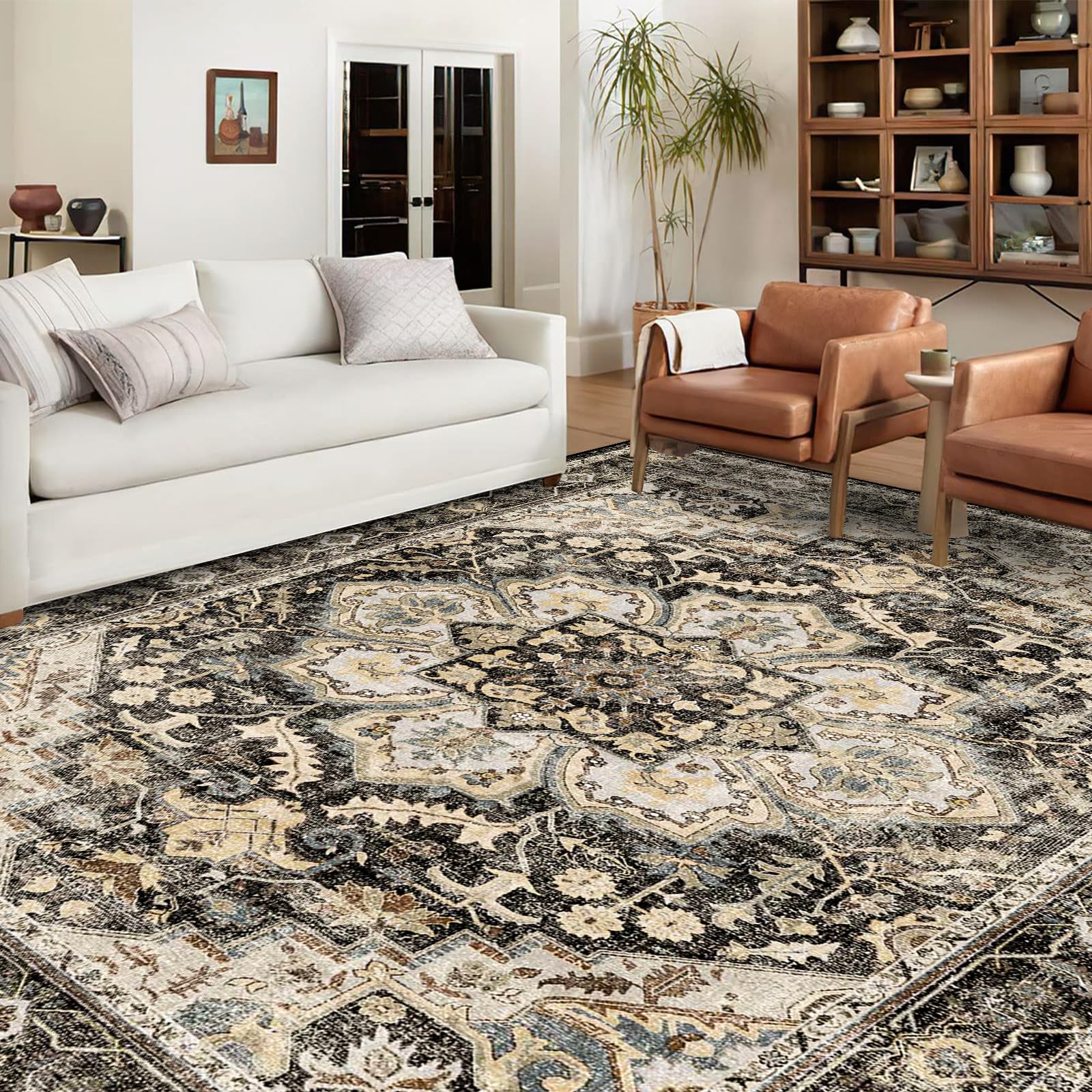 TOPRUUG Washable Oriental Area Rug 9x12 - Vintage Floral Medallion Design - Black/Grey