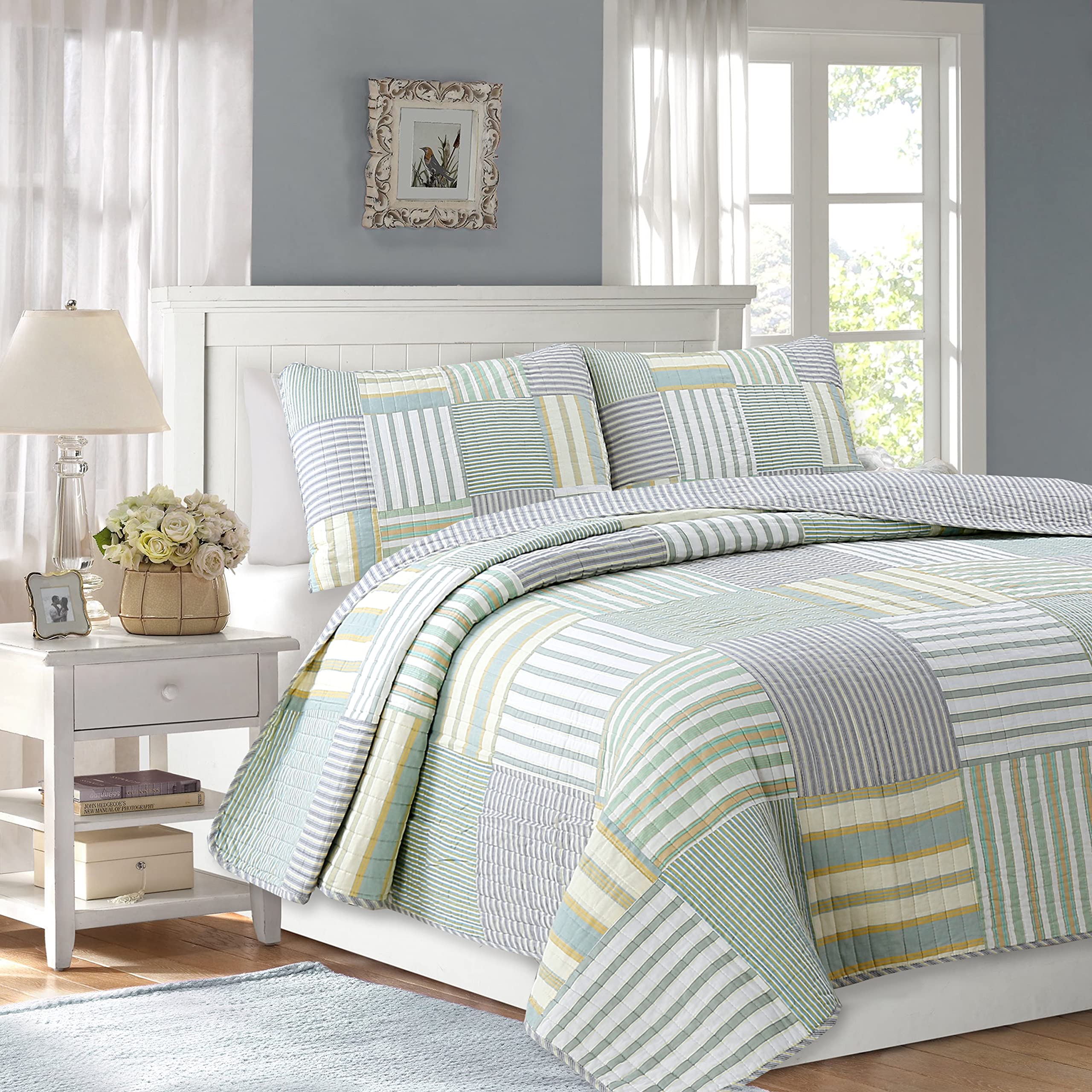 Cozy Line Home Fashions 100% Cotton Real Patchwork Reversible Quilt Bedding Set, Green Yellow Blue Plaid Striped Coverlet Bedspr