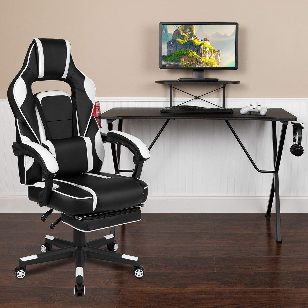 Flash Furniture Optis Black Gaming Desk With Cup Holder/Headphone Hook/Monitor Stand & White Reclining Back/Arms Gaming Chair With Footrest