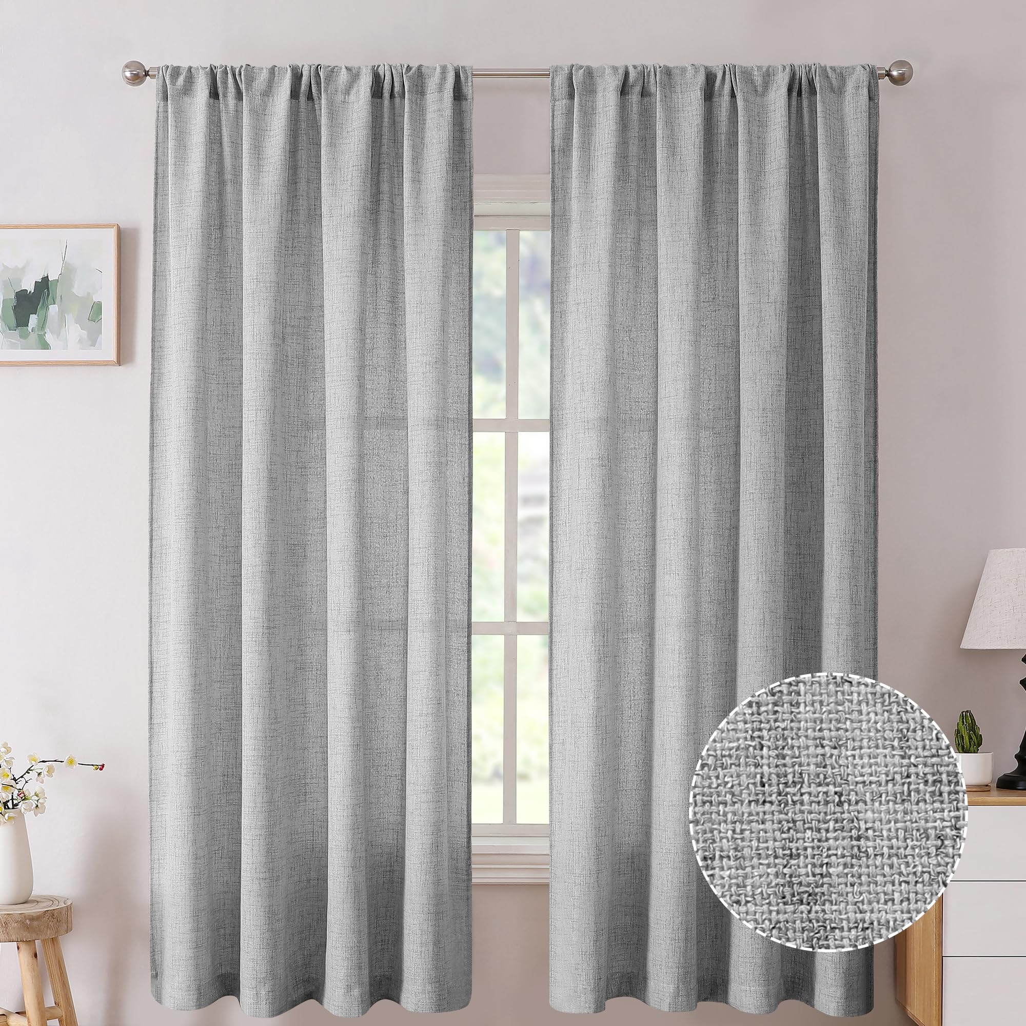Tollpiz Short Linen Curtains Bedroom Rod Pocket Semi Sheer Curtain Burlap Light Filtering Thick Linen Drapes for Living Room, 38