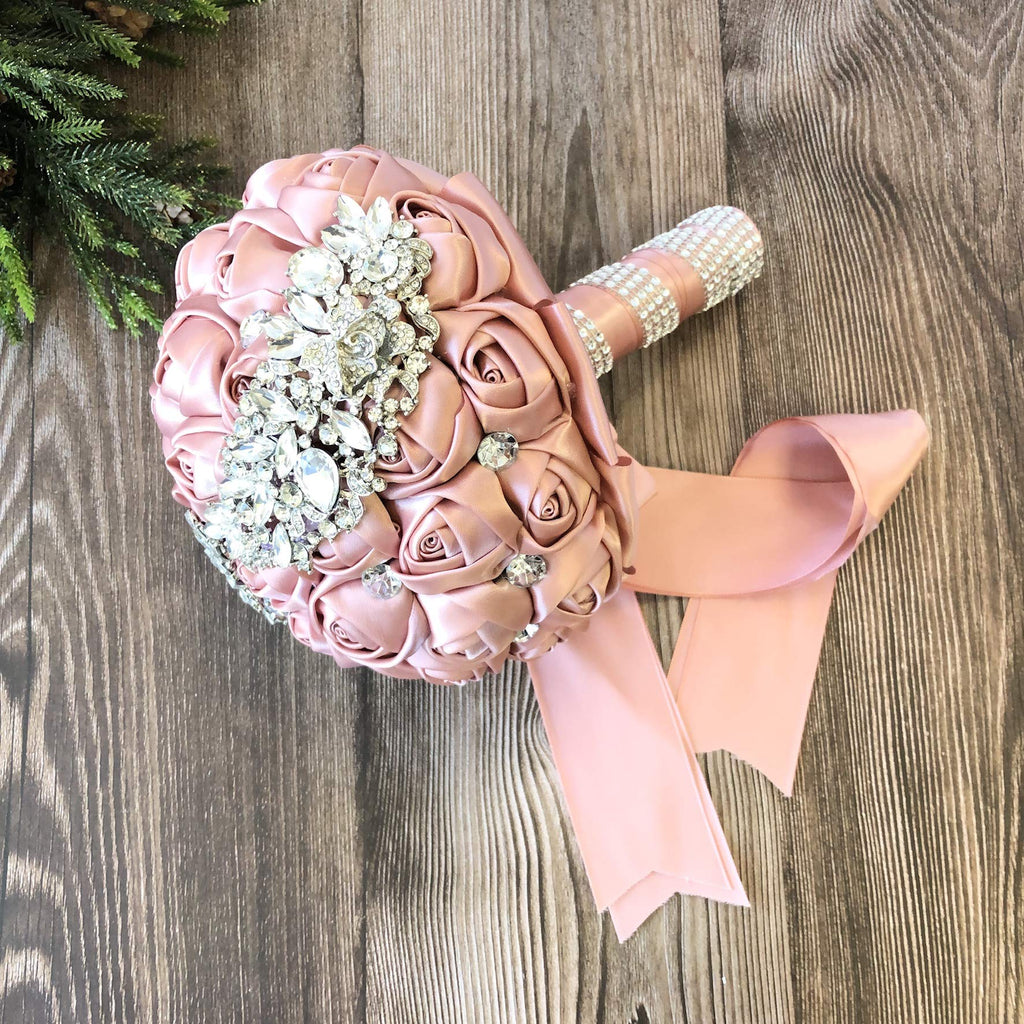 Abbie Home Quinceanera Silver Brooch Bouquet - Bride Wedding Bouquets Bridesmaids Satin Rose Flower With Sparkle Rhinestone Crys