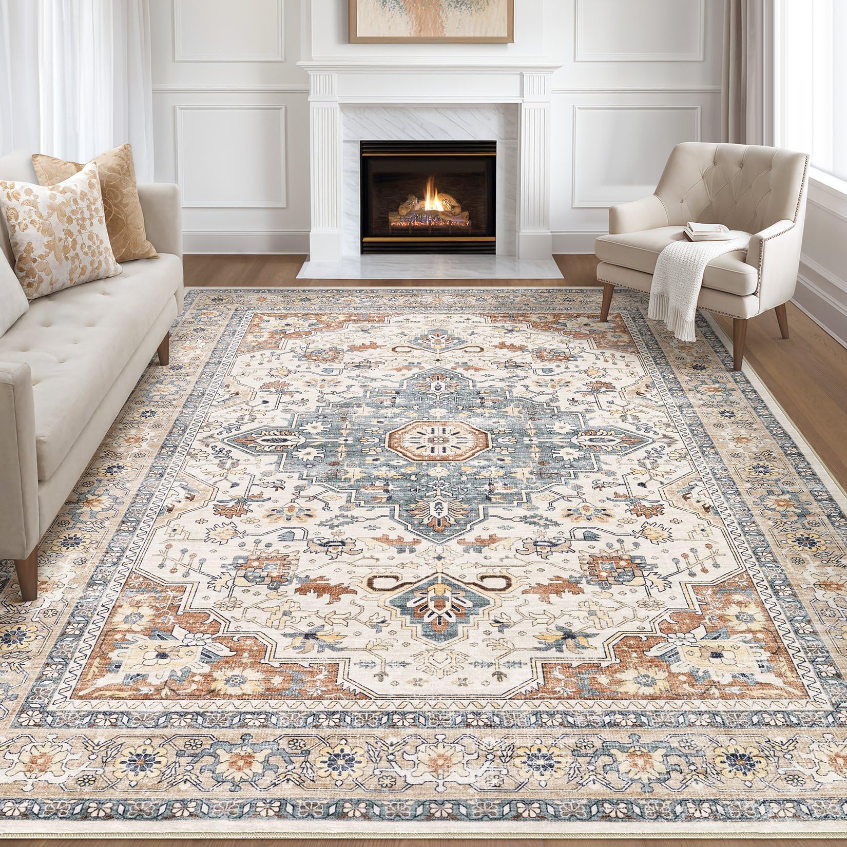 9x12 Area Rug Living Room: Washable Boho Large Neutral Vintage Soft Rugs Stain Resistant Farmhouse Non Slip Indoor Floor Carpet 