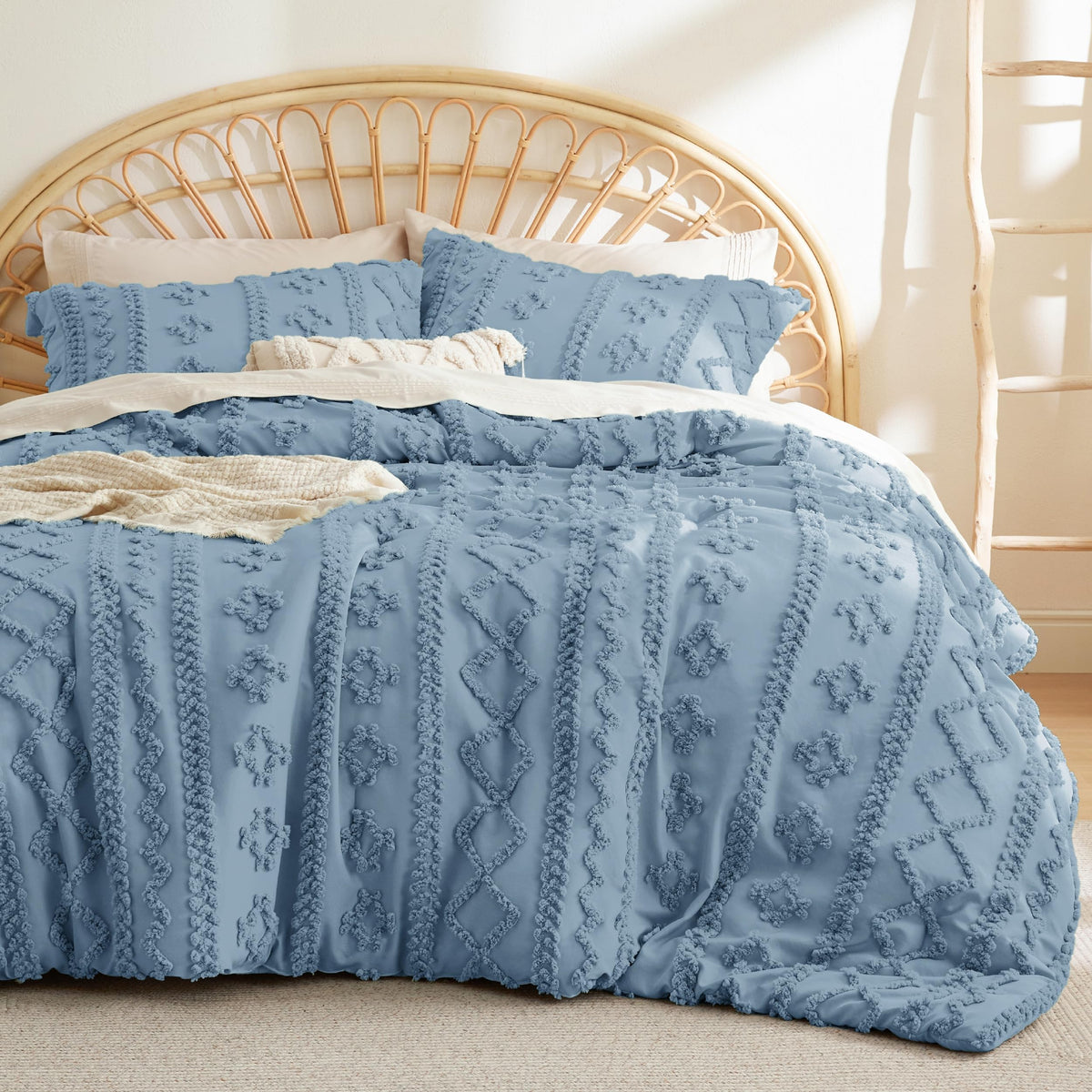 Bedsure Tufted Boho Comforter Set Queen Size - Grayish Blue Boho Bedding Comforter Set, 3 Pieces Farmhouse Shabby Chic Embroider