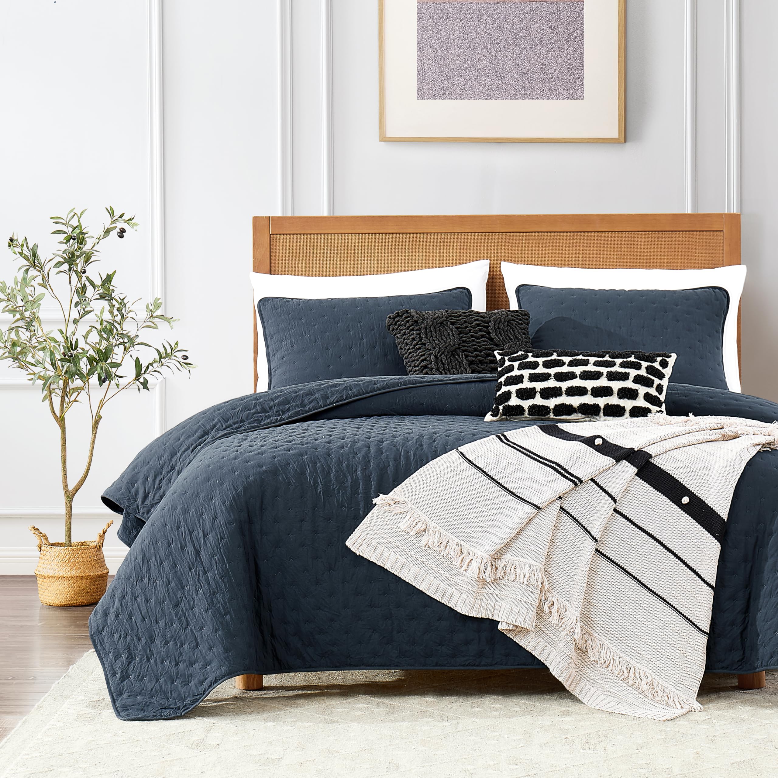 Roaringwild Navy Blue King Size Quilt Bedding Set With Pillow Shams, Lightweight Soft Bedspread Coverlet, Quilted Blanket Thin C