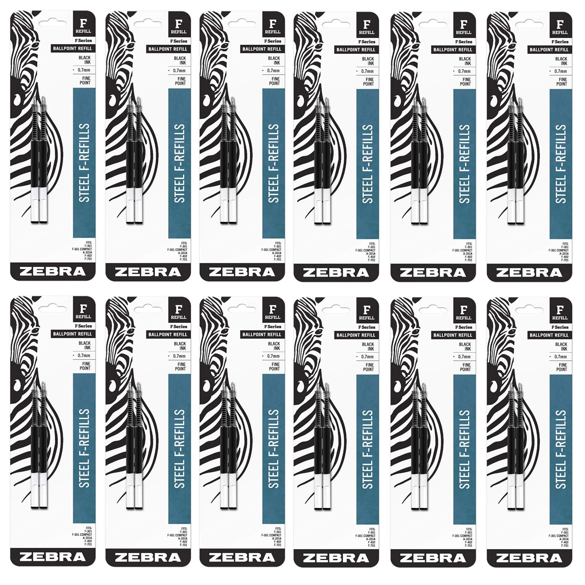 Zebra F-Series Ballpoint Stainless Steel Pen Refill, Fine Point, 0.7Mm, Black Ink, 2-Count (12 Pack)