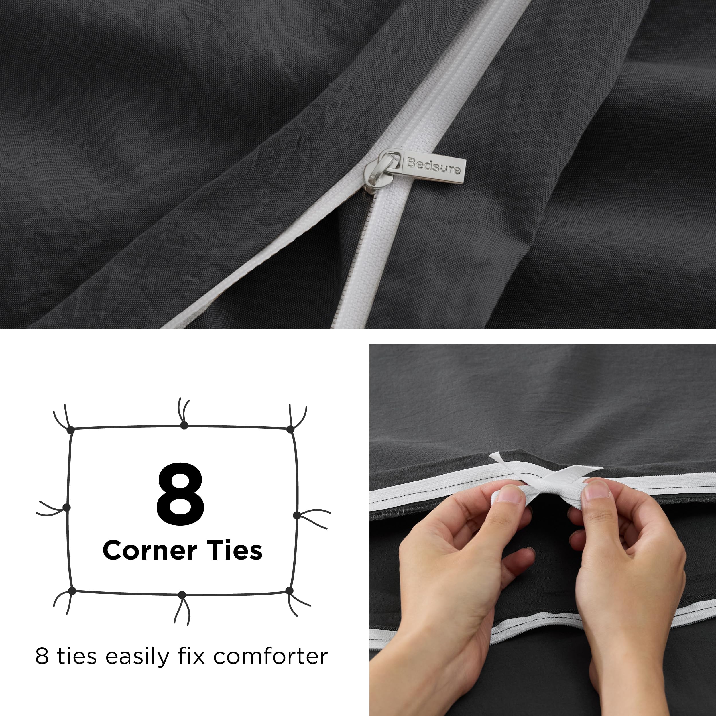 Bedsure 100% Stone Washed Cotton Duvet Cover King - Charcoal Minimalist Cotton Duvet Cover Set Linen Like - 3 Pieces Gentlesoft™ Plain Simple Bedding Set With 2 Pillow Shams (Charcoal, King, 104'X90')