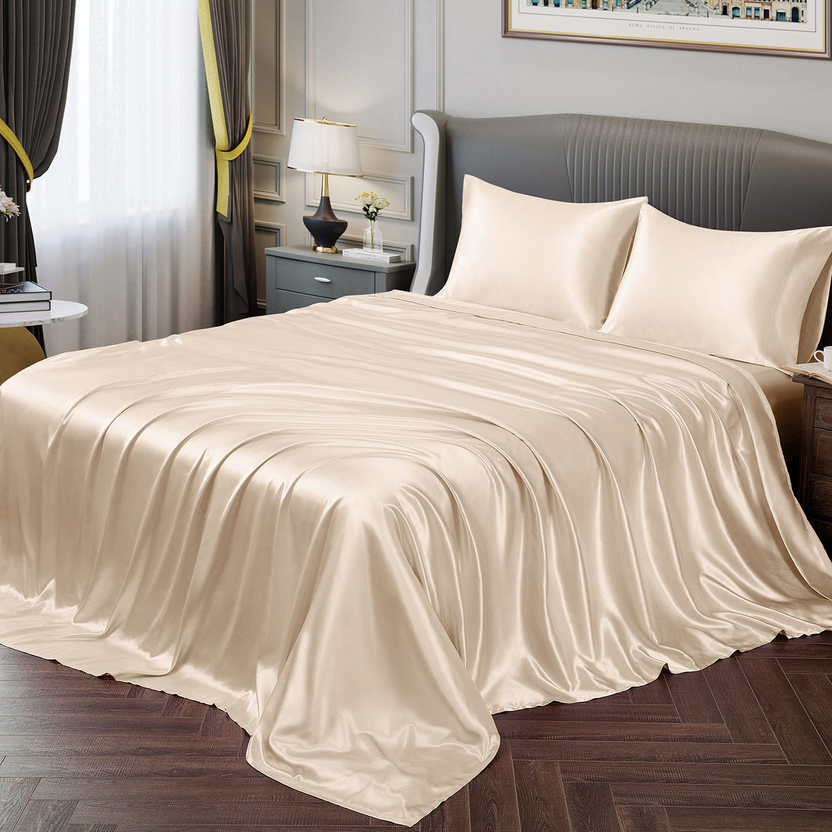 Vonty Satin Sheets King Silky Soft Satin Bed Sheets Beige Satin Sheet Set, 1 Deep Pocket Fitted Sheet + 1 Flat Sheet + 2 Pillowc