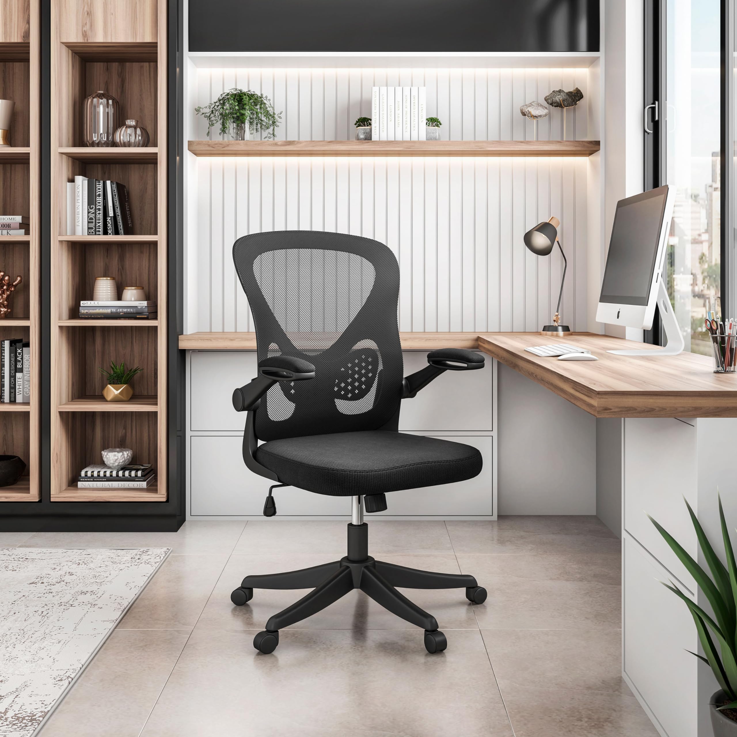 Techni Mobili Mesh Task Office Chair with Flip Up Arms Black - Techni Mobili: Ergonomic, Adjustable, Swivel, Nylon Frame - Thumbnail 3