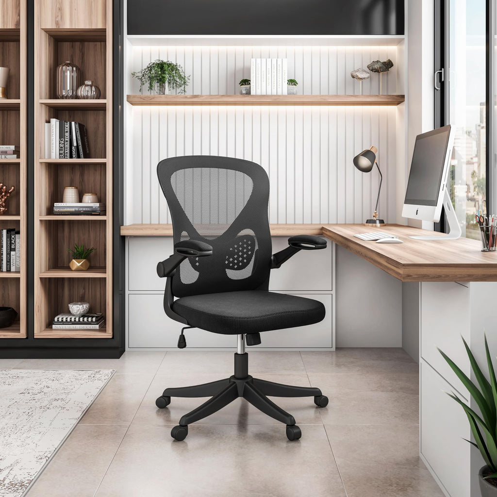 Techni Mobili Mesh Task Office Chair With Flip Up Arms. Color: Black, Mid-Back