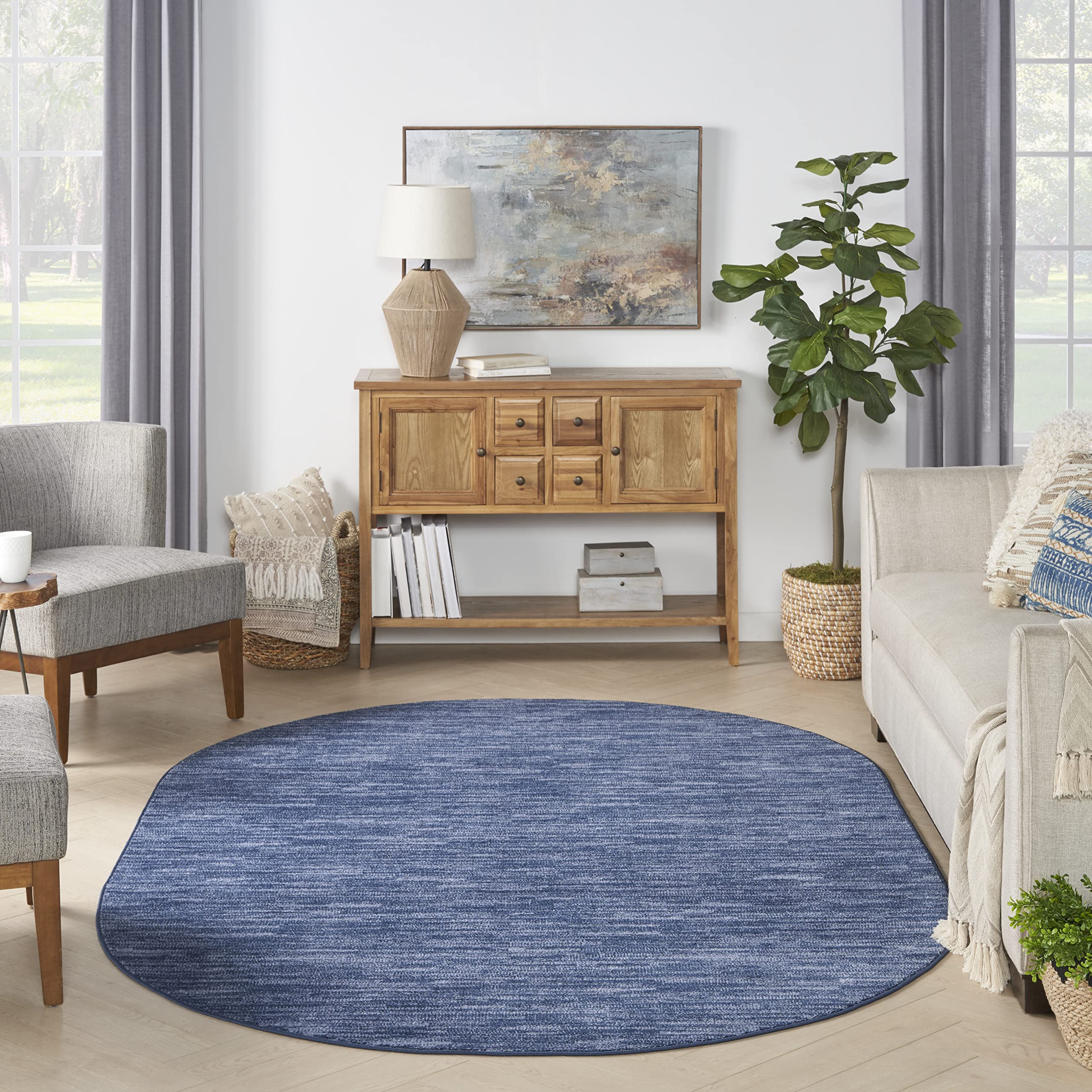 Nourison Essentials Indoor/Outdoor Navy Blue 6' X 9'Oval Area Rug, Easy Cleaning, Non Shedding, Bed Room, Living Room, Dining Room, Backyard, Deck, Patio (6X9 Oval)