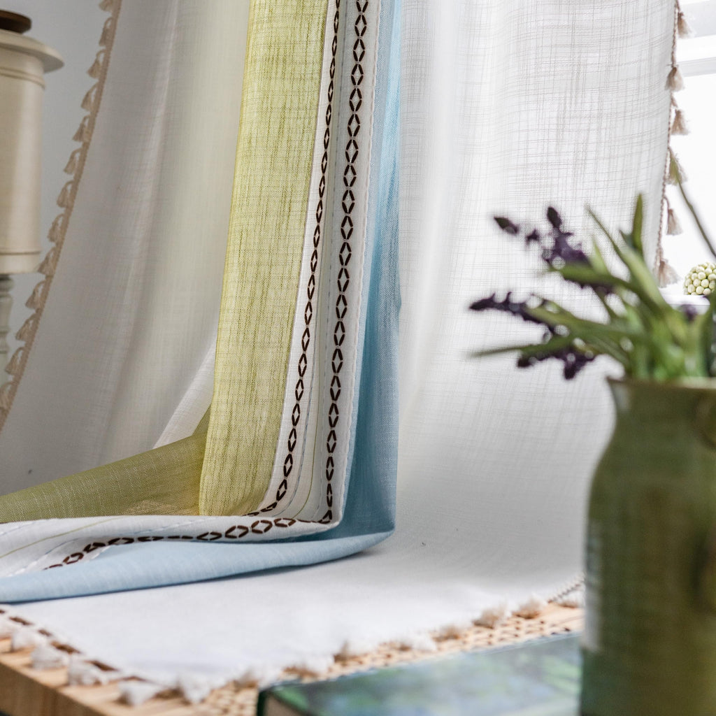 Sutuo Home Boho Curtains 72 Inch Length For Bedroom Living Room, Semi Blackout Farmhouse Tassels Window Treatment Bohemian Embroidery Drape, Rod Pocket 1 Panel 52' W X 72' L, Green Blue Striped Linen