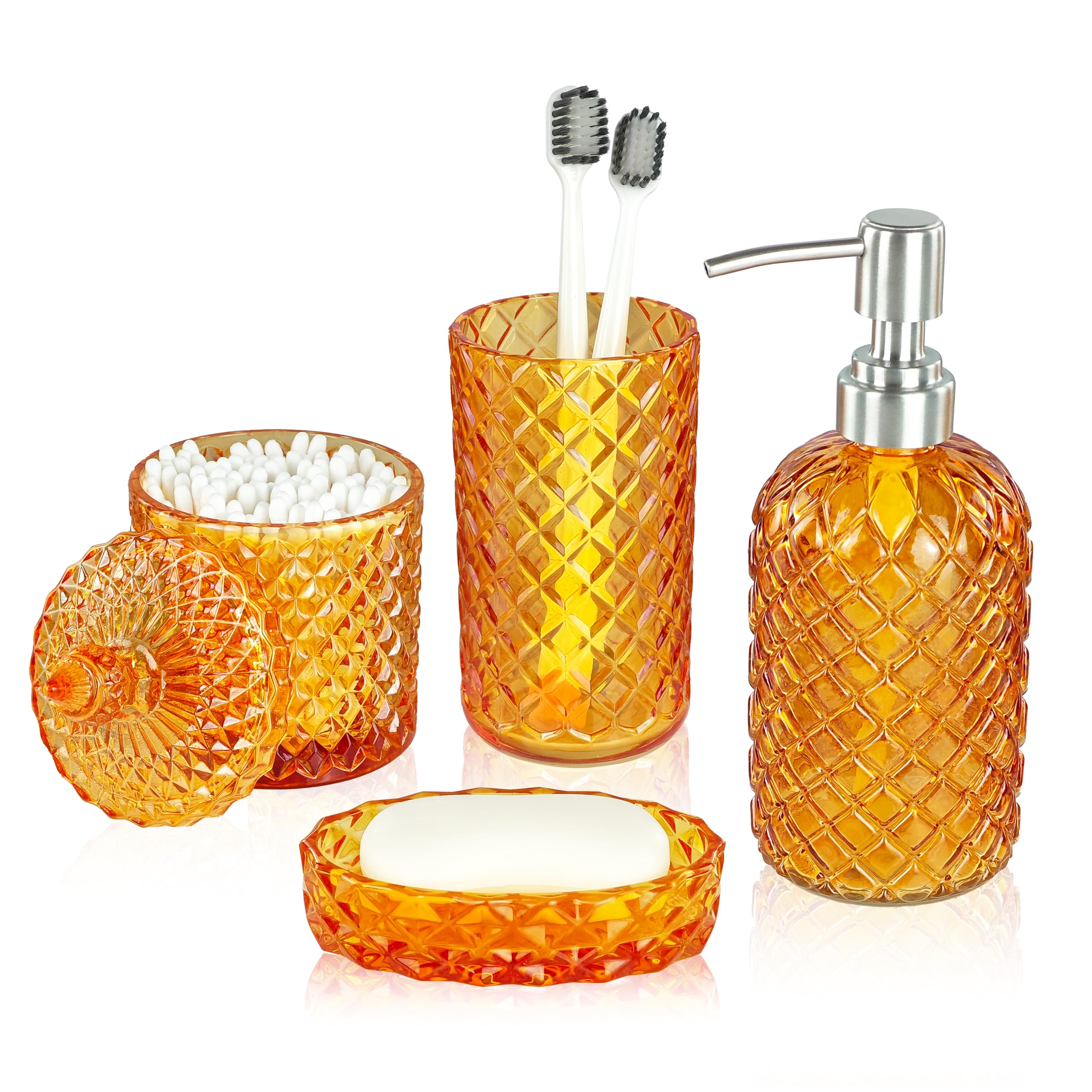 LaMarriti Orange Bathroom Accessories, 4Pcs Clear Glass Bathroom Set, Lotion Soap Dispenser, Toothbrush Holder Set, Soap Dish, Q
