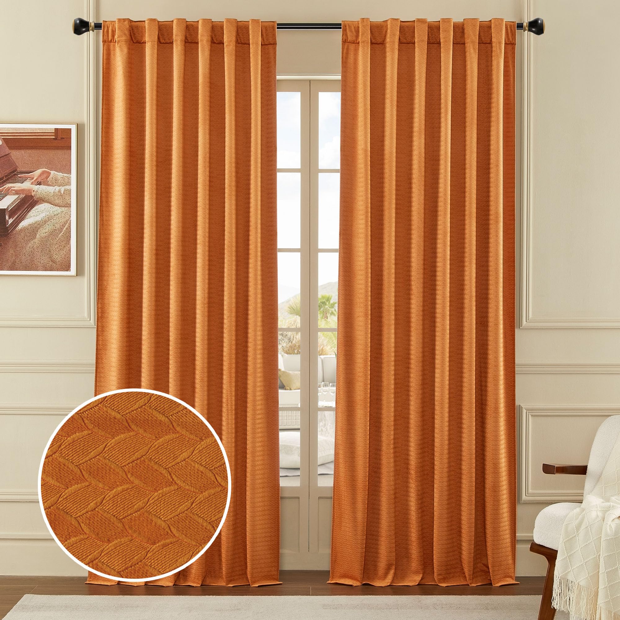 Timeper Pimpkin Orange Room Darkening Wheat Ear Pattern Extra Long Luxury Home Decor Energy Saving Window Treatment Holiday Back
