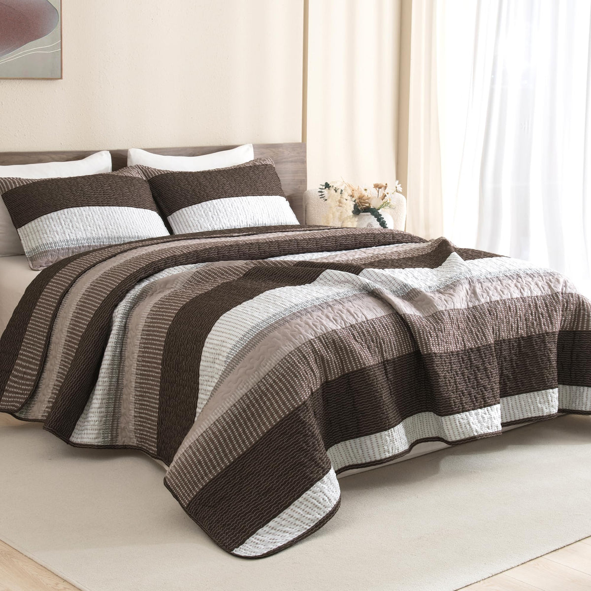 Litanika California King Quilt Set Brown - Cal King Oversized Stripe Comforter Bedspreads & Coverlets - Soft Lightweight Quilted