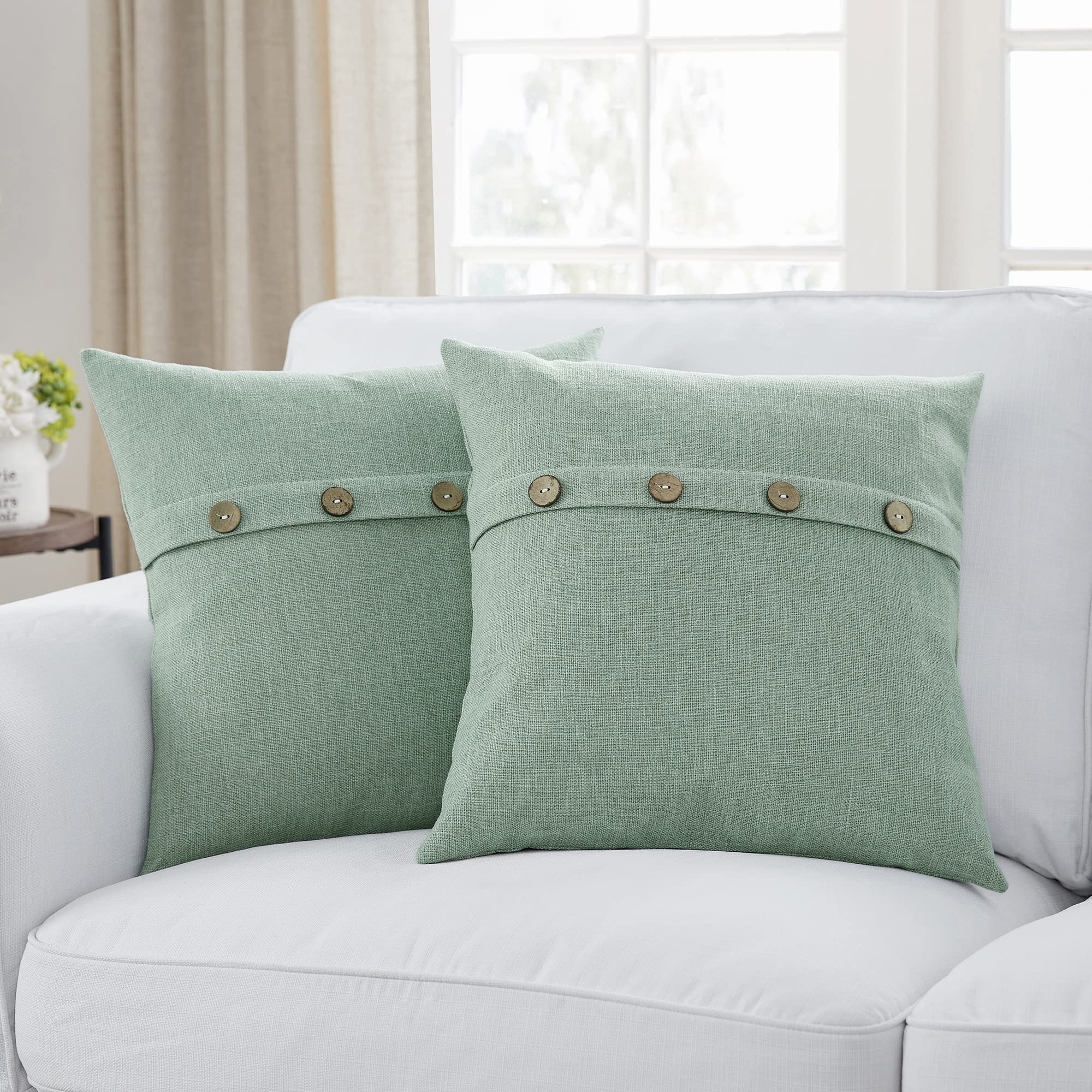 Meekio Set Of 2 Sage Green Square Pillow Covers 20 X 20 Farmhouse Pillow Covers With Coconut Buttons For Sofa Couch Living Room