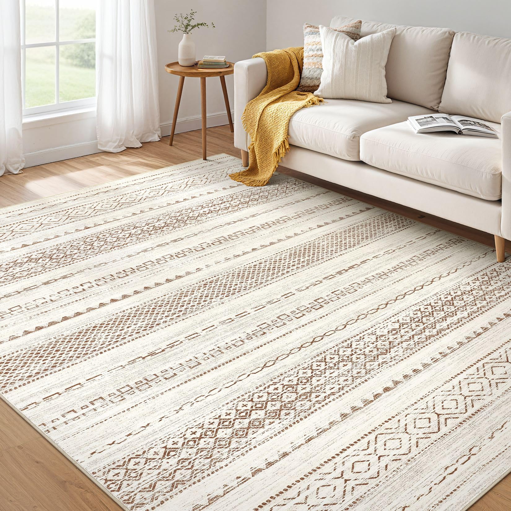 Nakagishi 6x9 Area Rugs Living Room: Washable Boho Large Neutral Soft Farmhouse Rug Stain Resistant Modern Indoor Floor Non-Slip