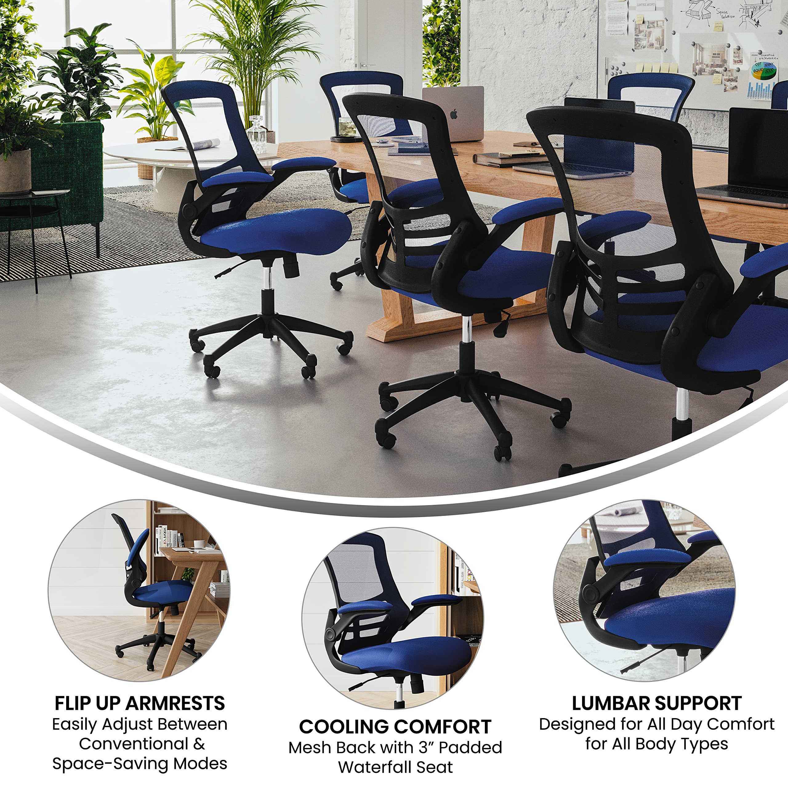 Flash Furniture Kelista Mid-Back Blue Mesh Swivel Ergonomic Task Office Chair With Flip-Up Arms