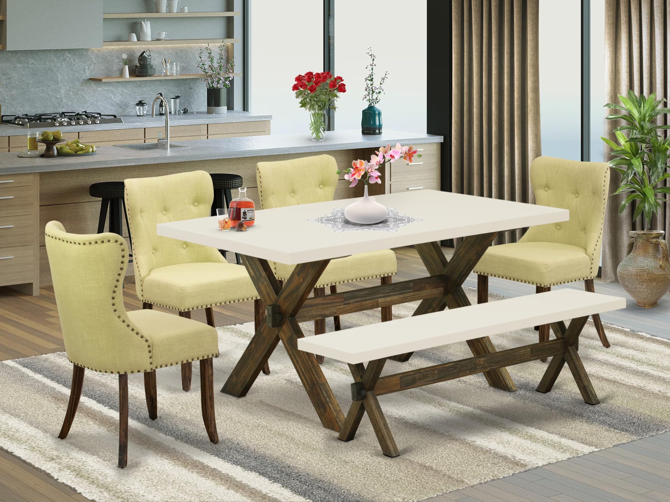 East West Furniture X726Si737-6 6 Piece Dining Table Set Contains A Rectangle Dining Room Table And 4 Limelight Linen Fabric Parson Chairs With A Bench, 36X60 Inch, Multi-Color