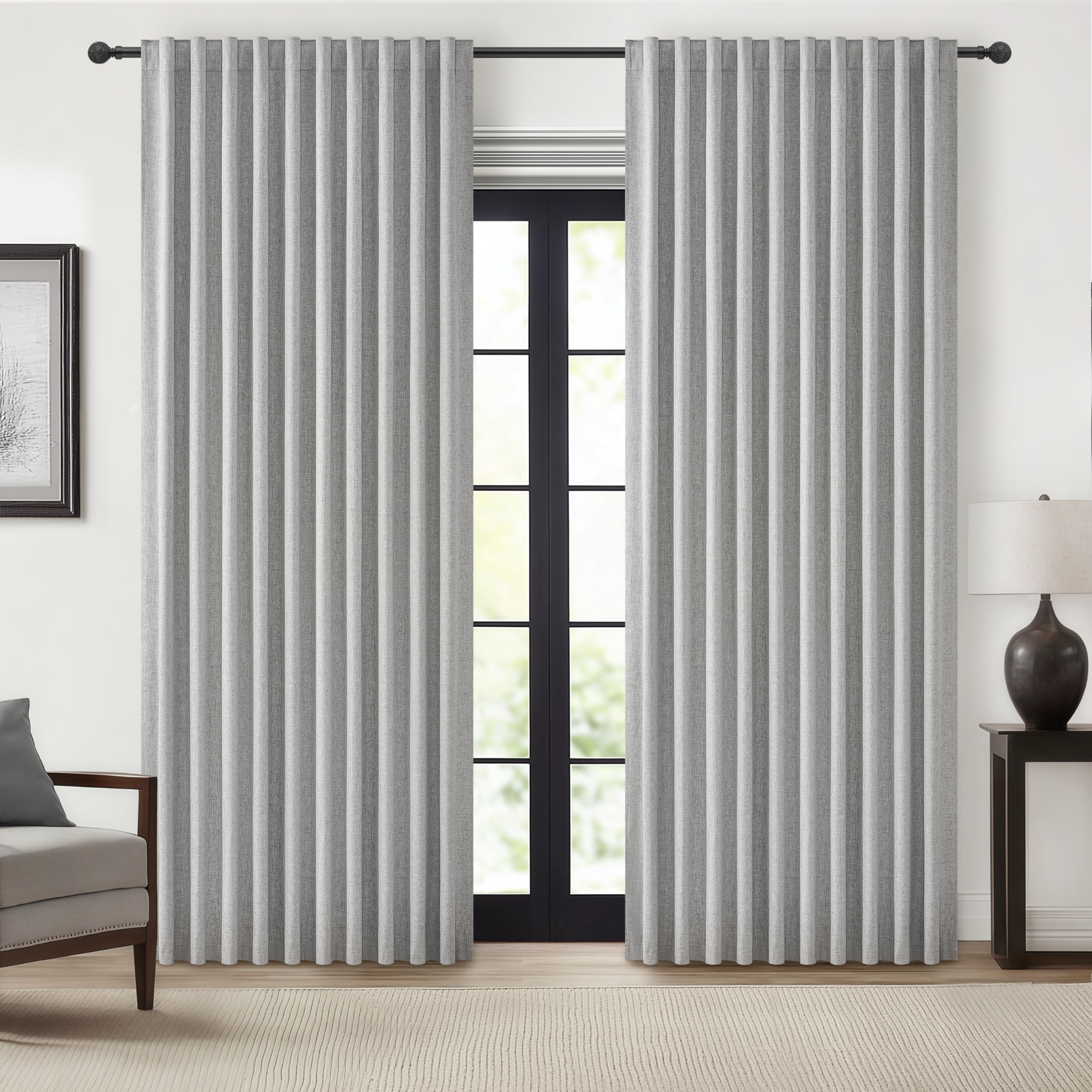 Gray Blackout Curtains 70 Inches Extra Wide Linen Curtains 96 Inch Length for Kids Boys Room/Nursery, Pleated Bedroom Thermal Dr