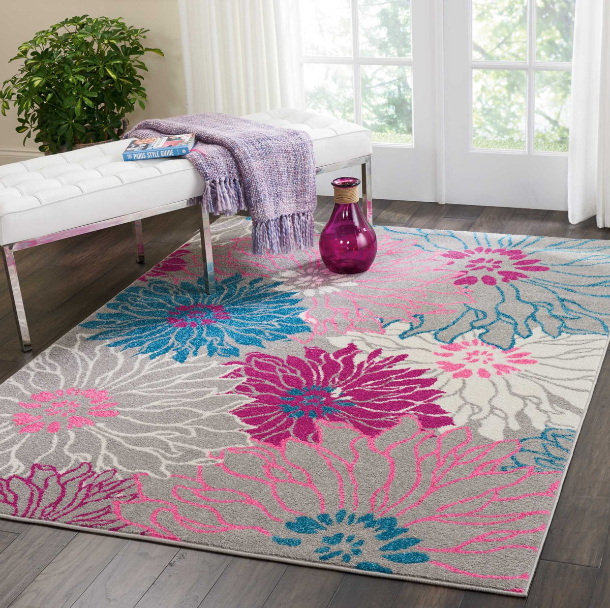 Nourison Passion Grey 5'3' X 7'3' Area Rug, Floral, Farmhouse, Easy Cleaning, Non Shedding, Bed Room, Living Room, Dining Room