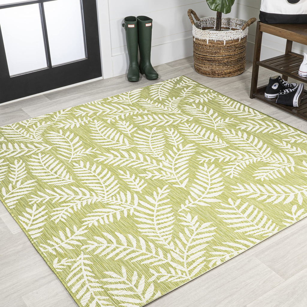 Jonathan Y Smb119D-5Sq Nevis Palm Frond Indoor Outdoor Area-Rug, Coastal Casual Country Easy-Cleaning,Bedroom,Kitchen,Backyard,Patio,Non Shedding 5' Square, Green/Cream