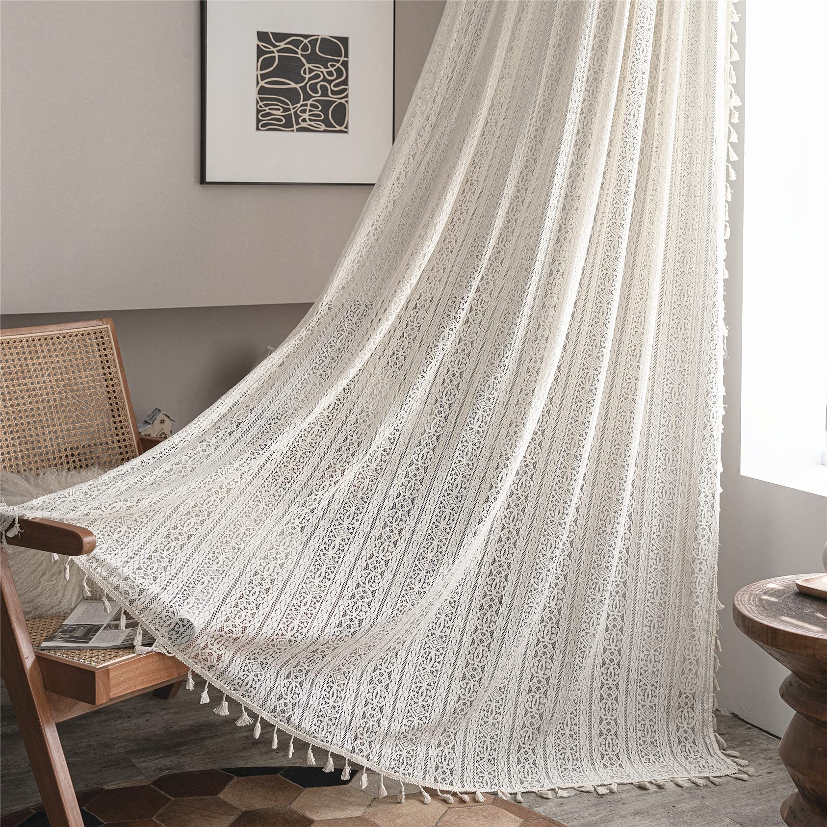 Sutuo Home Boho Curtain Crochet Lace Semi-Sheer Florals Hollow Knitted Handmade Tassels, Rod Pocket Window Treatment Vintage Rus
